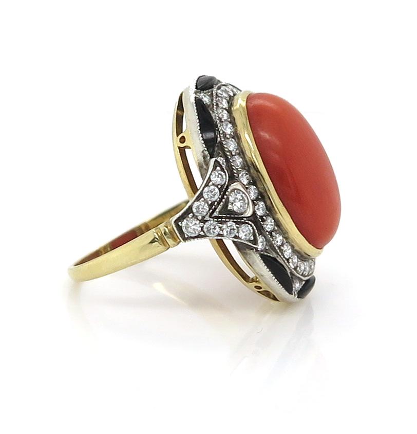 Modern Coral 9.37 Carat Diamond and Onyx Dress Ring For Sale