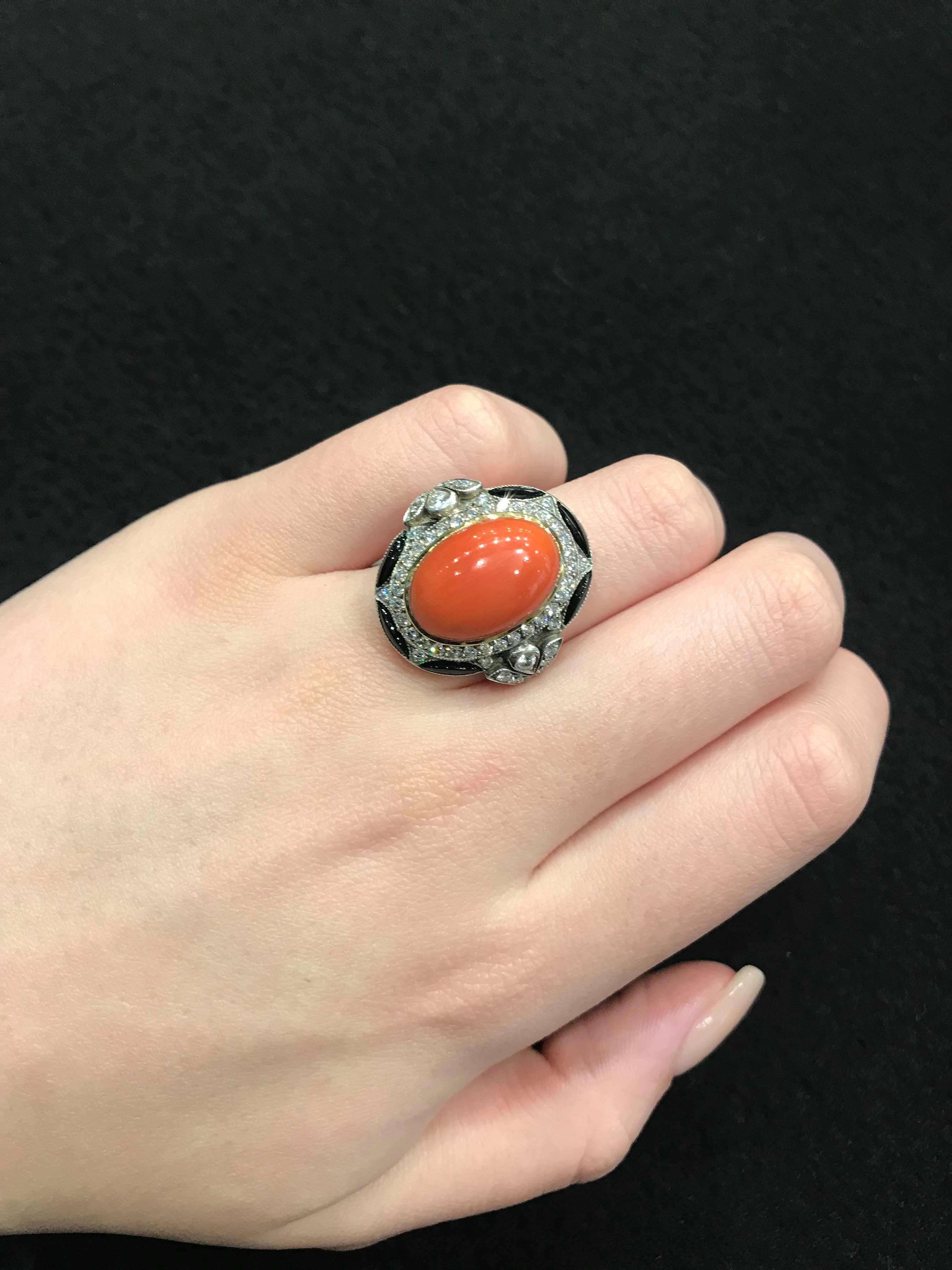 Women's or Men's Coral 9.37 Carat Diamond and Onyx Dress Ring For Sale