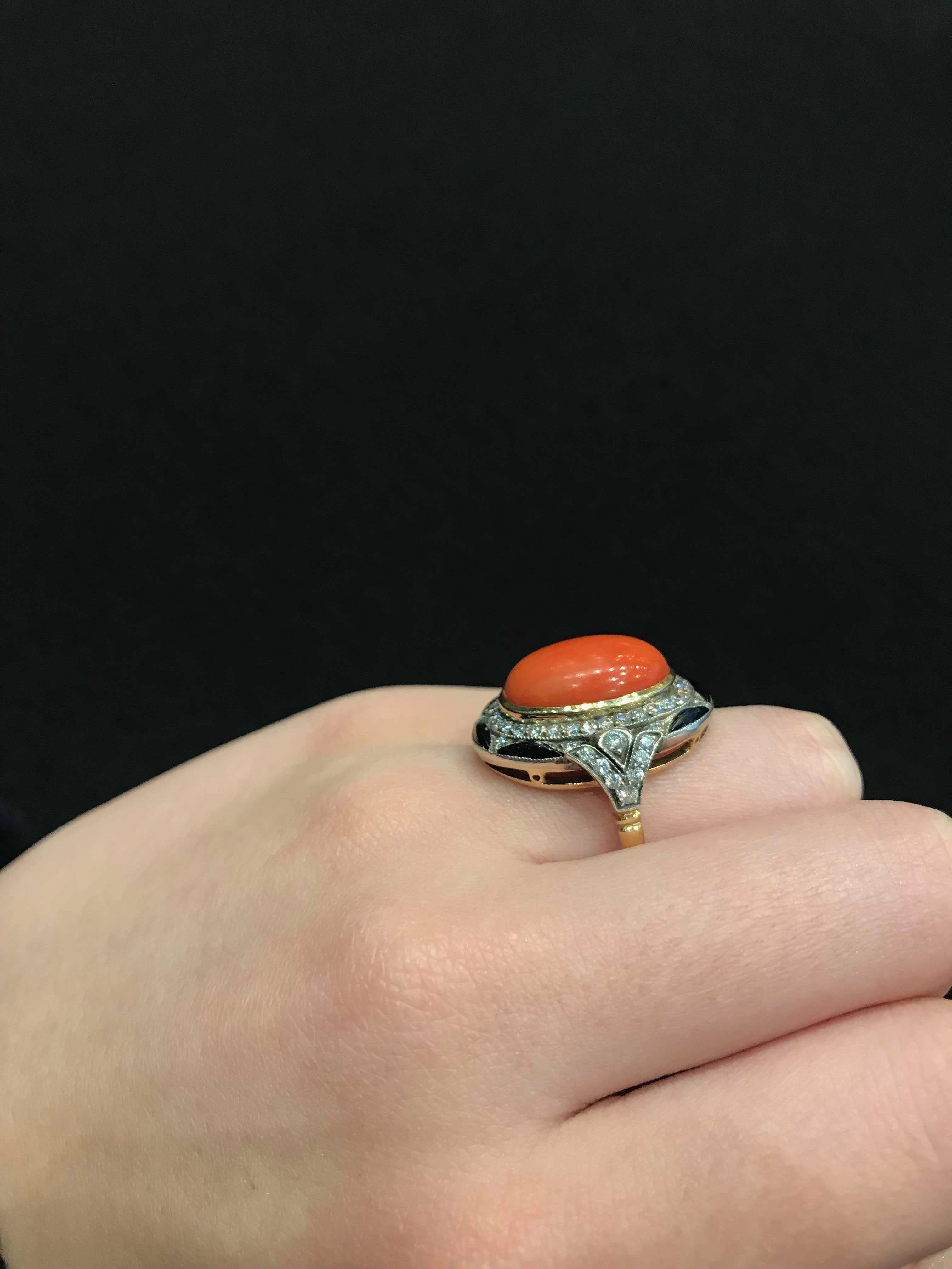 Coral 9.37 Carat Diamond and Onyx Dress Ring For Sale 1