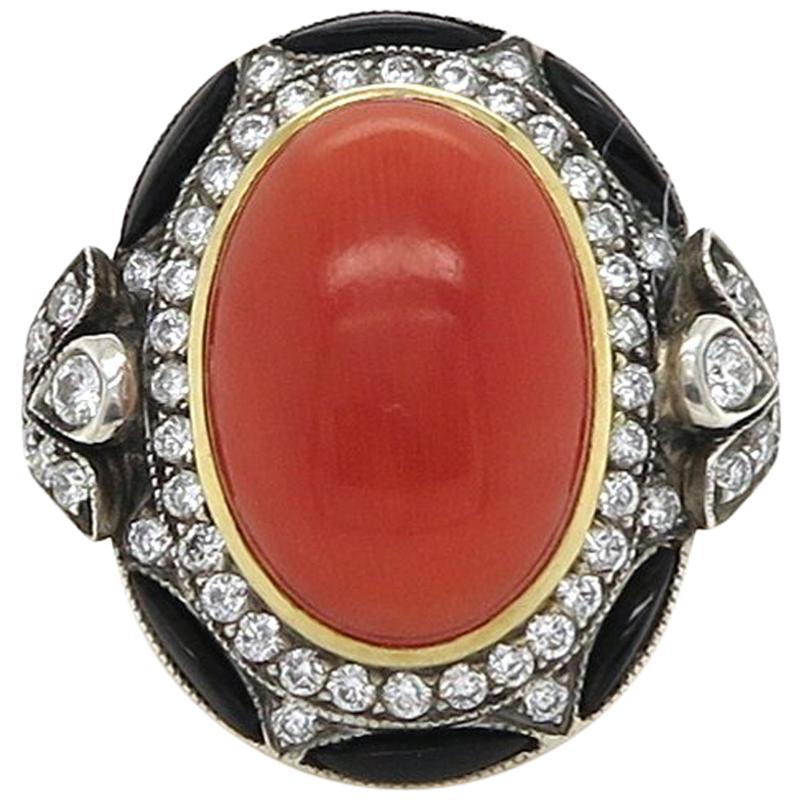 Coral 9.37 Carat Diamond and Onyx Dress Ring For Sale