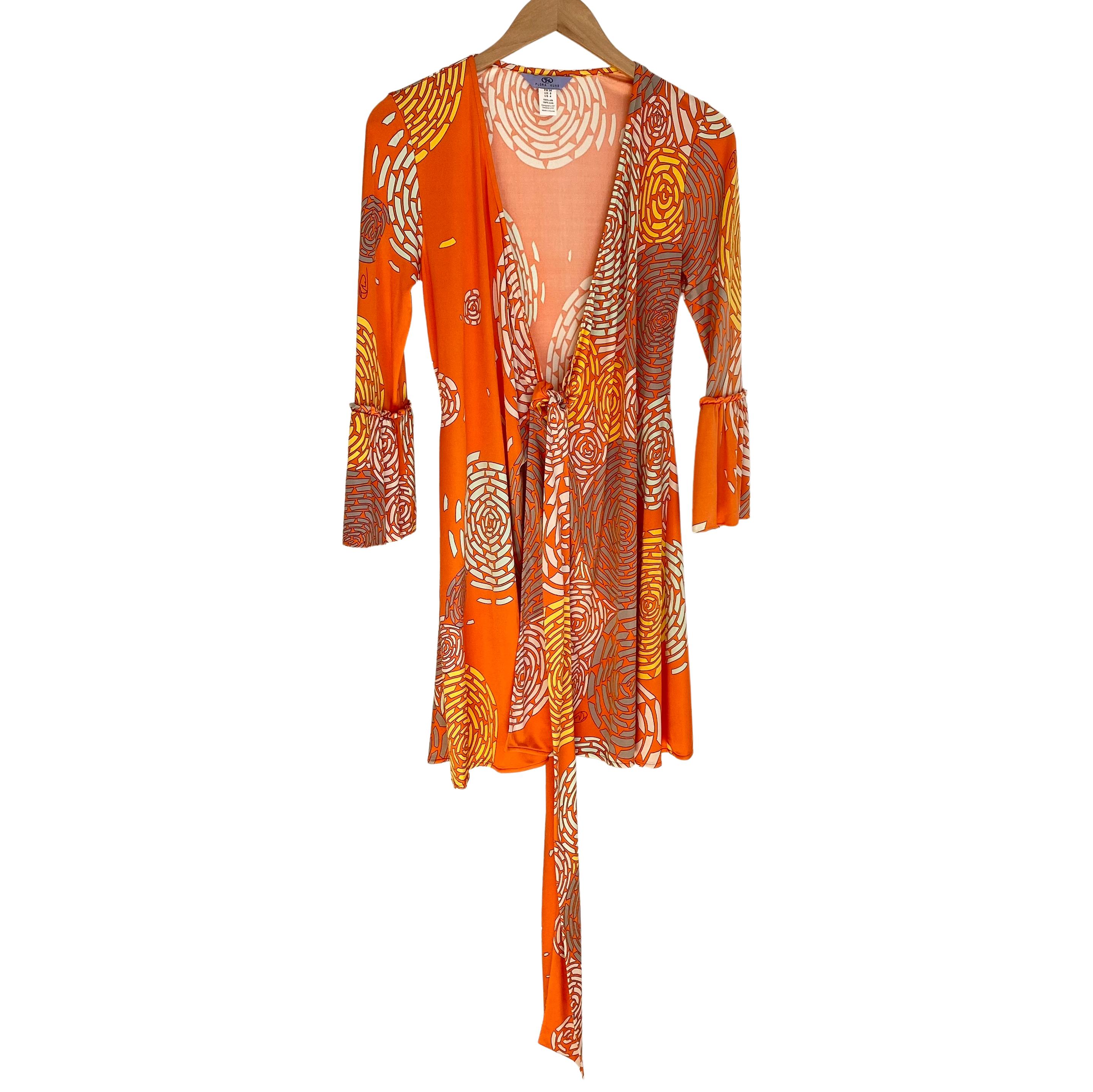 De las mujeres Coral Naranja Estampado Floral Seda Jersey Mini Vestido FLORA KUNG - NWT en venta