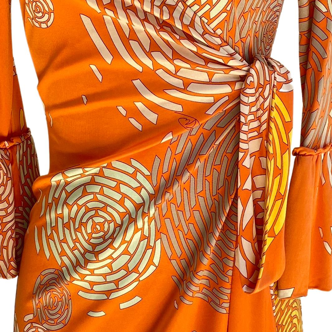 Women's Coral Orange Floral Print Silk Jersey Mini Wrap dress FLORA KUNG - NWT For Sale