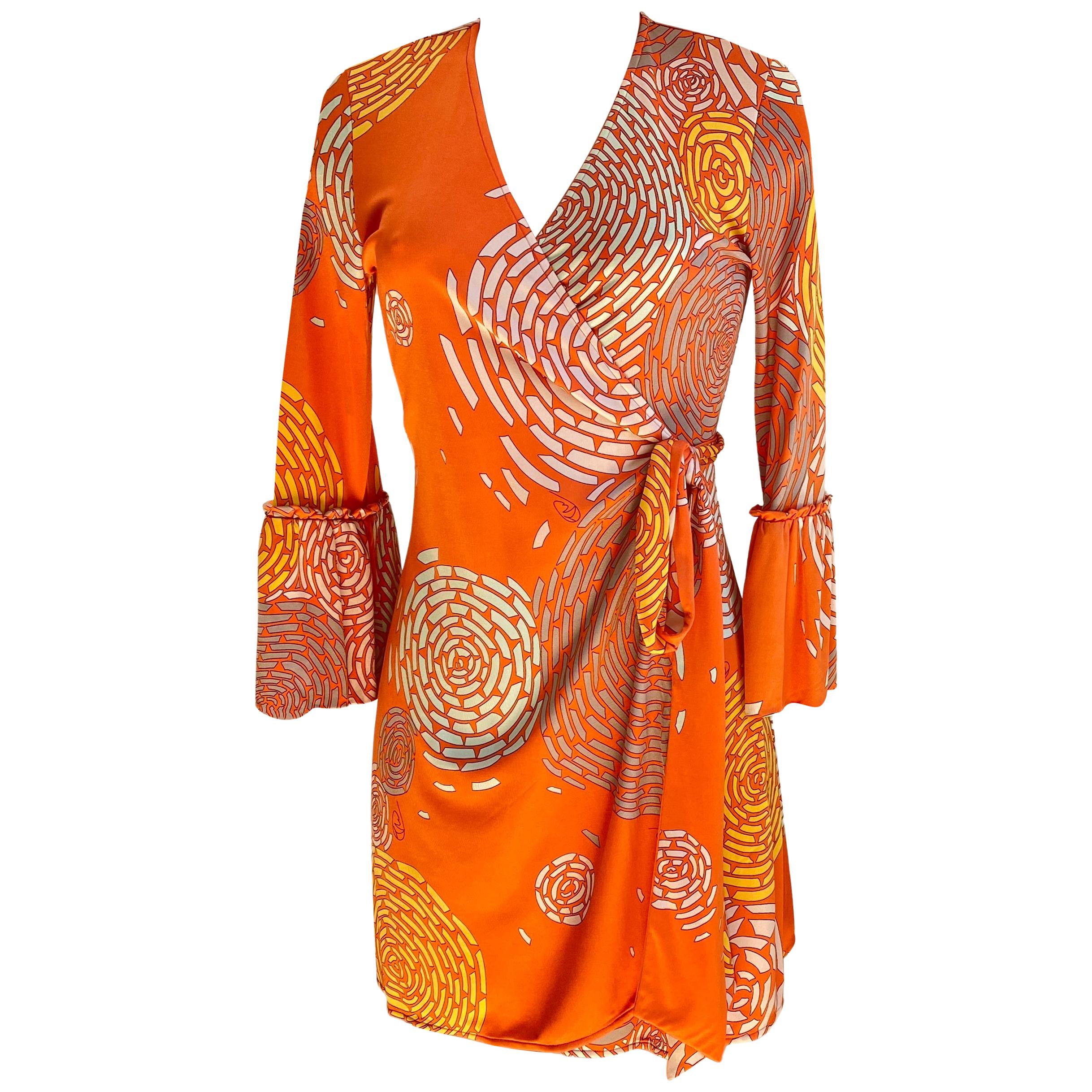 Coral Orange Floral Print Silk Jersey Mini Wrap dress FLORA KUNG - NWT For Sale