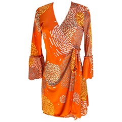 Coral Orange Floral Print Silk Jersey Mini Wrap dress FLORA KUNG - NWT