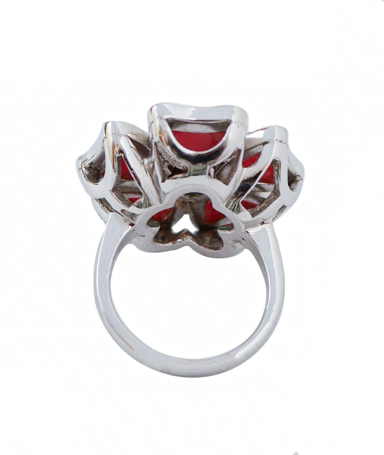 Retro Coral, Agate, Diamonds, 14 Karat White Gold Flower Ring. For Sale