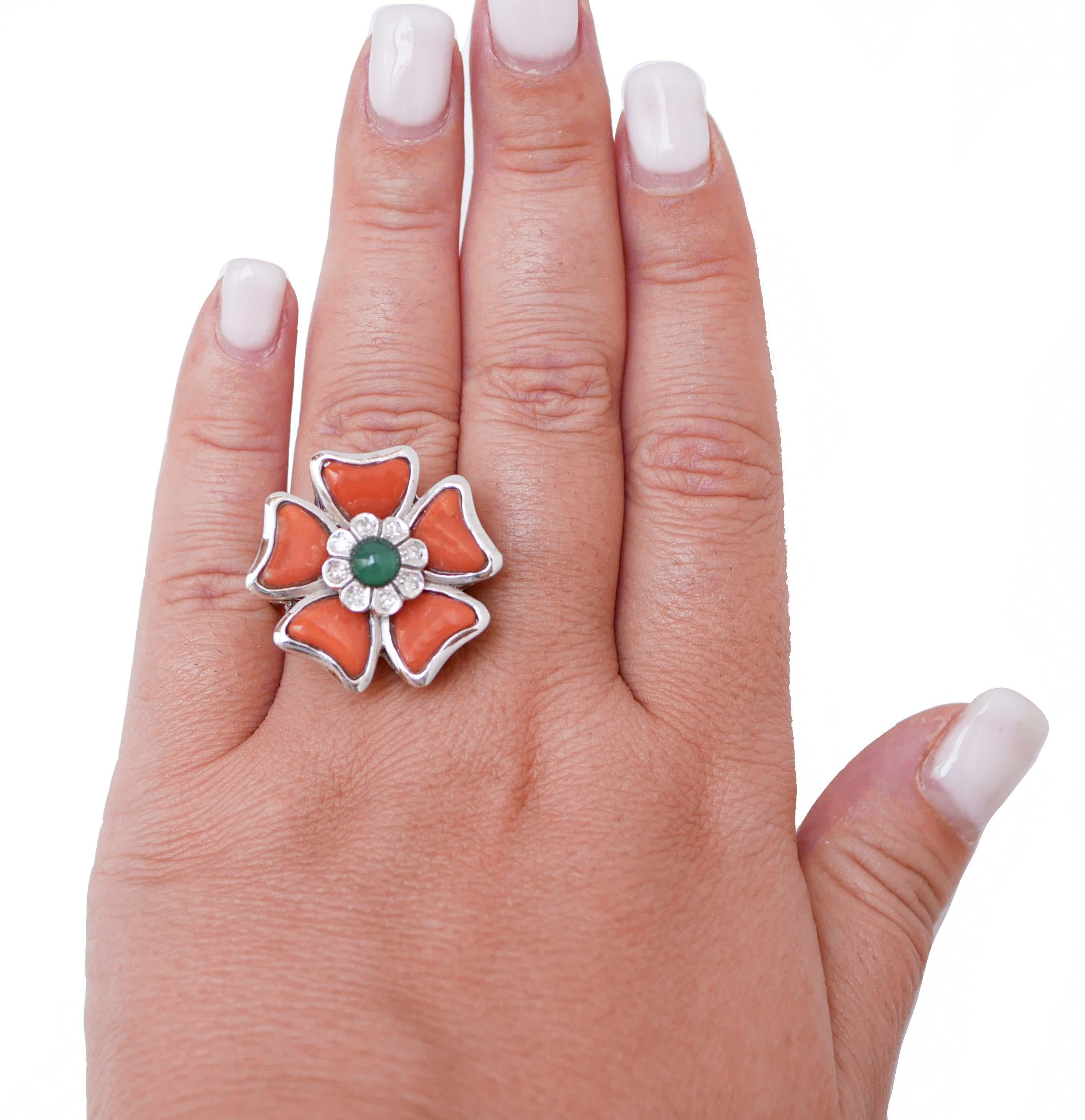 Mixed Cut Coral, Agate, Diamonds, 14 Karat White Gold Flower Ring. For Sale