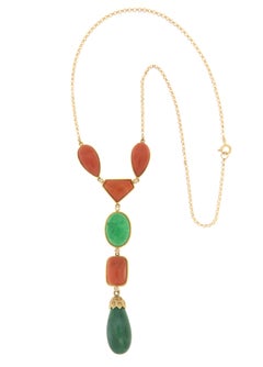 Coral Agate Diamonds Jade Yellow Gold 18 Karat  Necklace