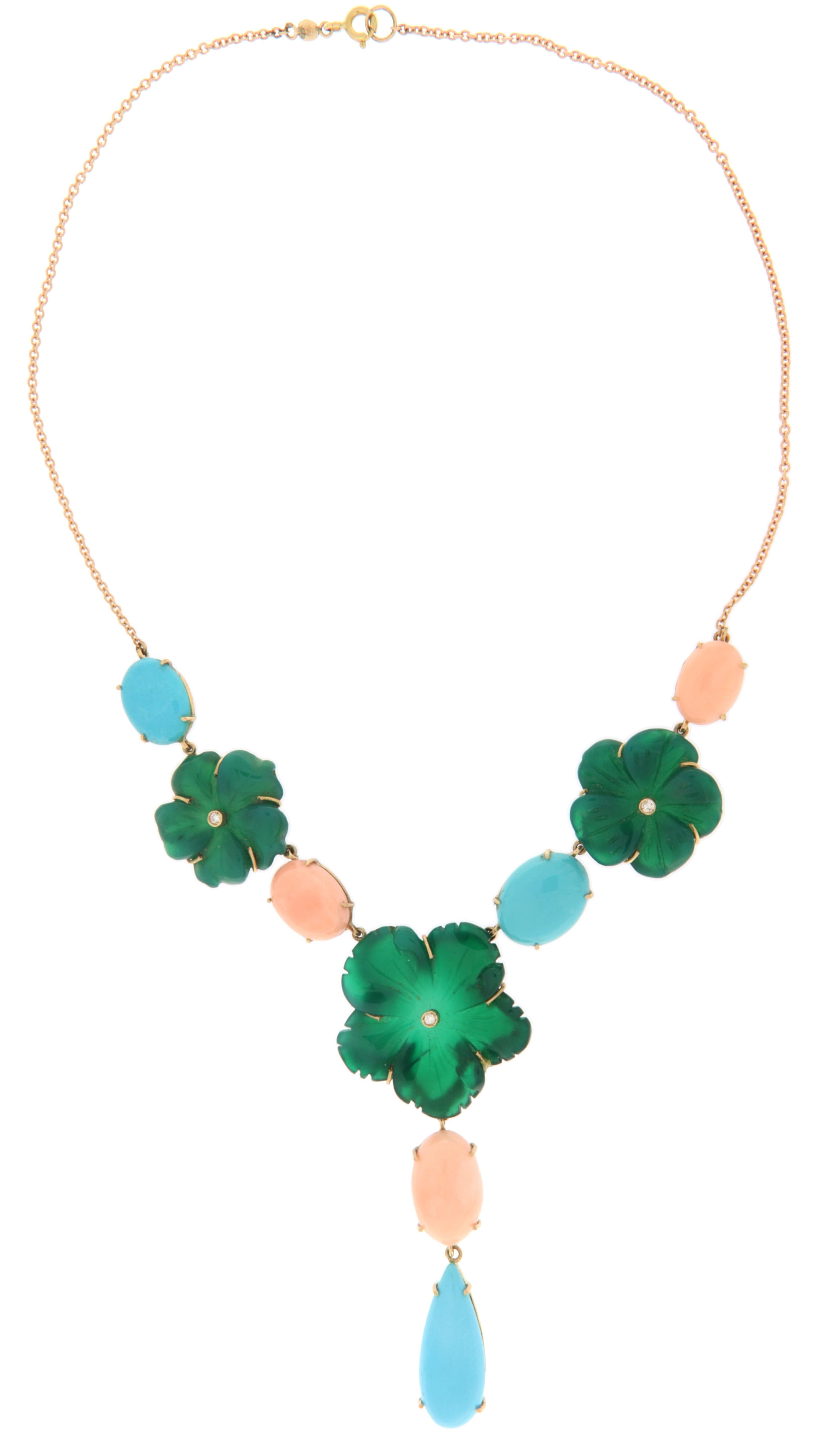 Collar Colgante Oro Amarillo 14 Kilates Coral Agata Turquesa Diamantes Artesano en venta