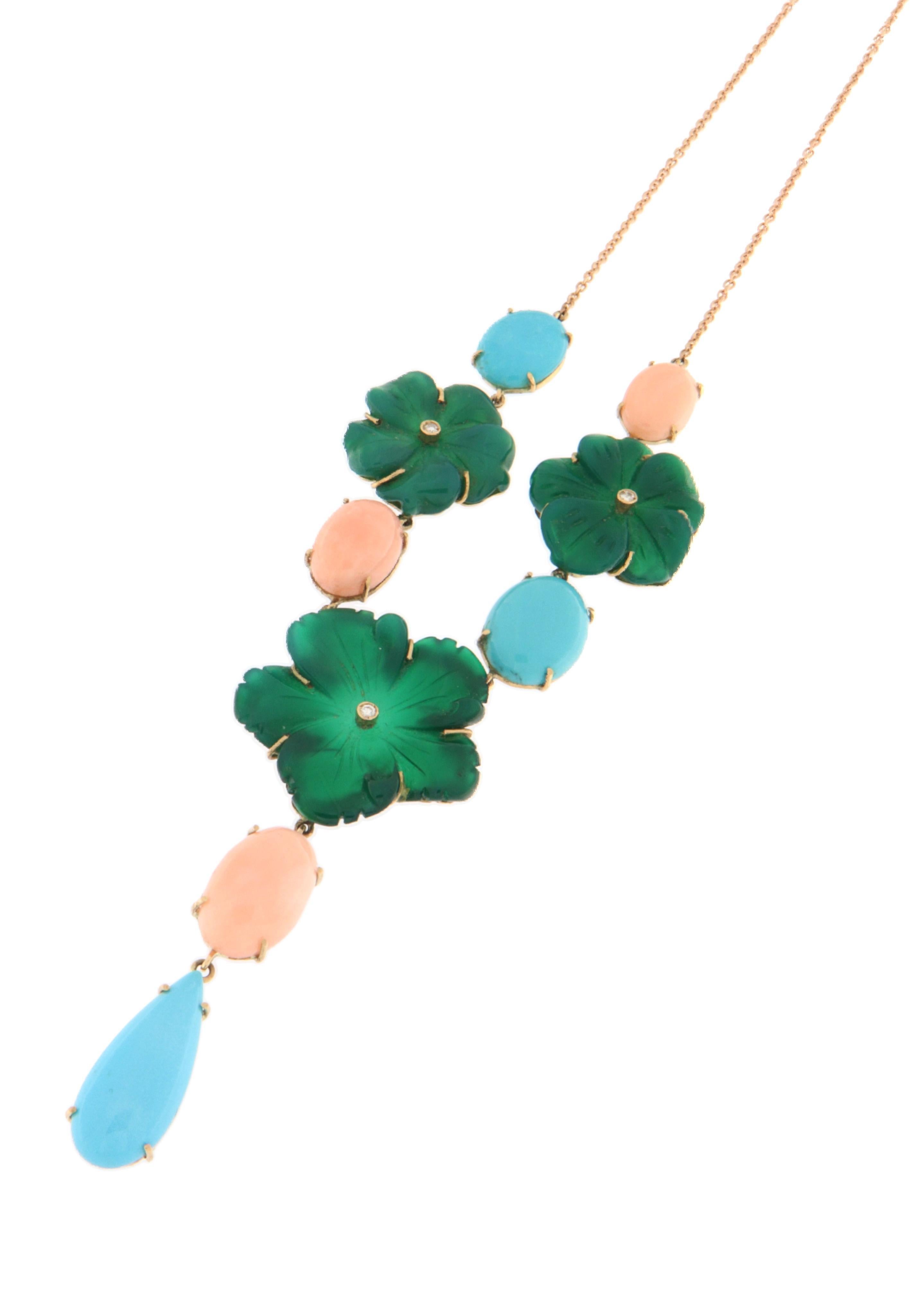 Collar Colgante Oro Amarillo 14 Kilates Coral Agata Turquesa Diamantes Corte brillante en venta