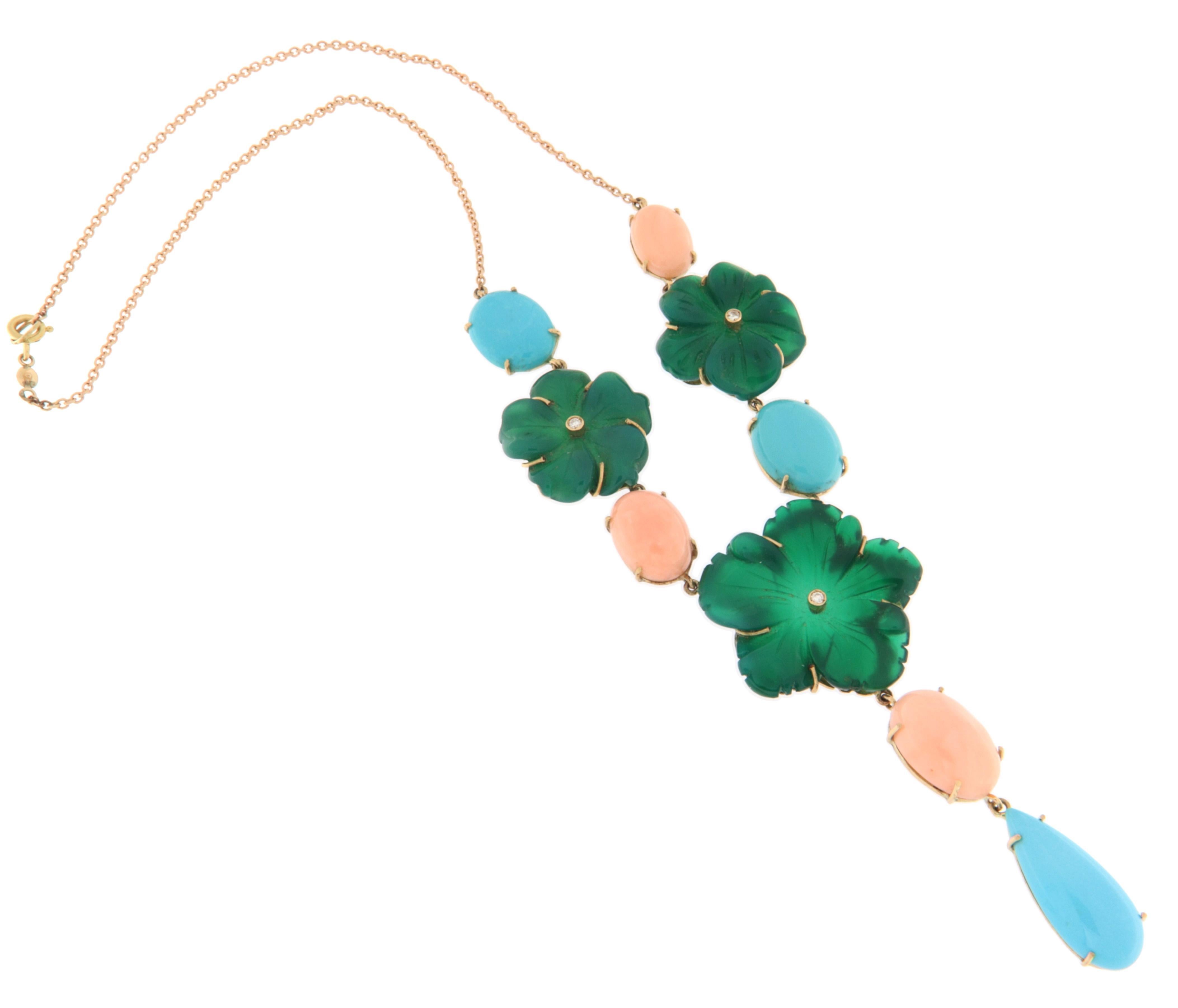 Collar Colgante Oro Amarillo 14 Kilates Coral Agata Turquesa Diamantes en Nuevo estado para la venta en Marcianise, IT