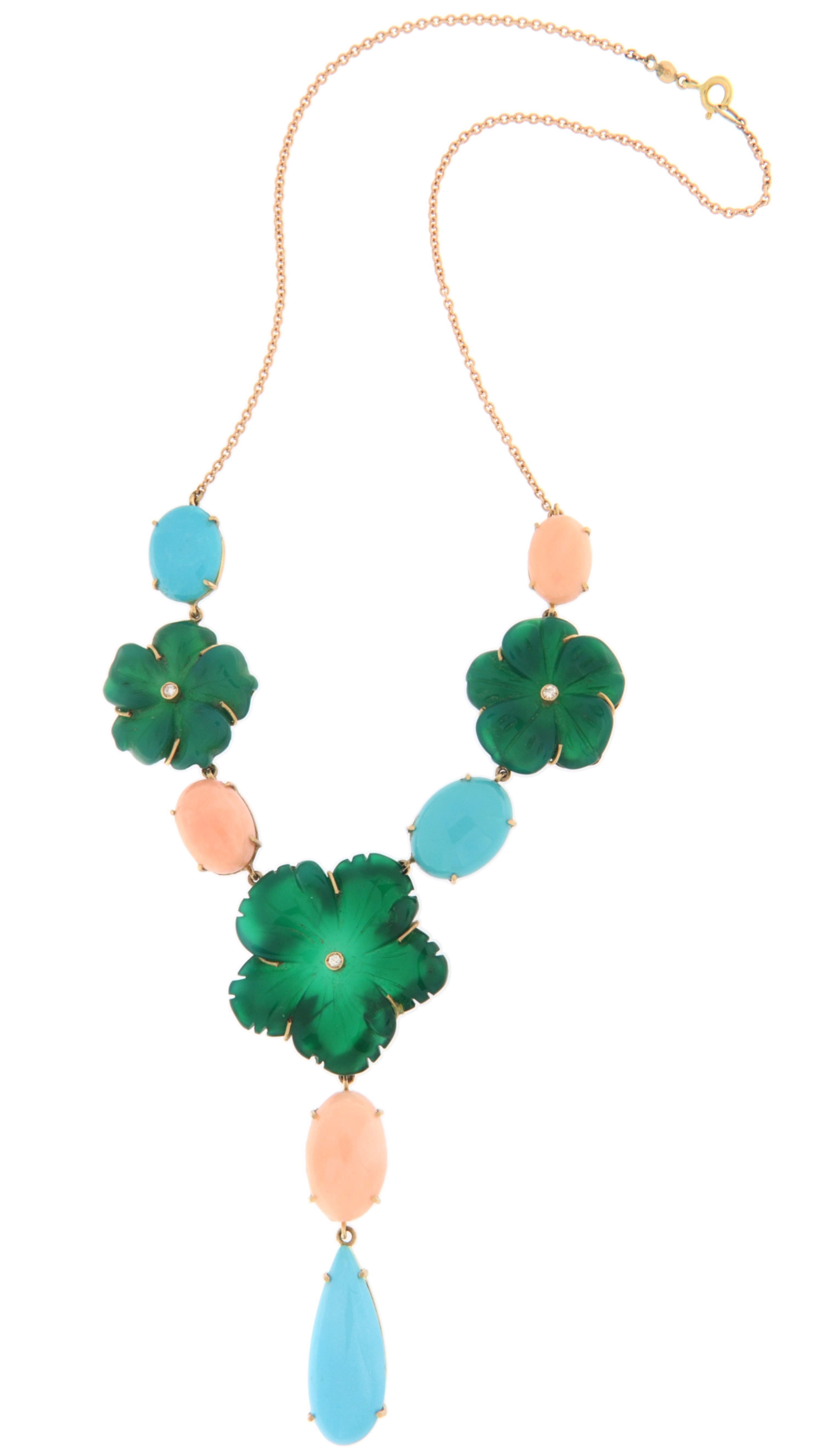 De las mujeres Collar Colgante Oro Amarillo 14 Kilates Coral Agata Turquesa Diamantes en venta