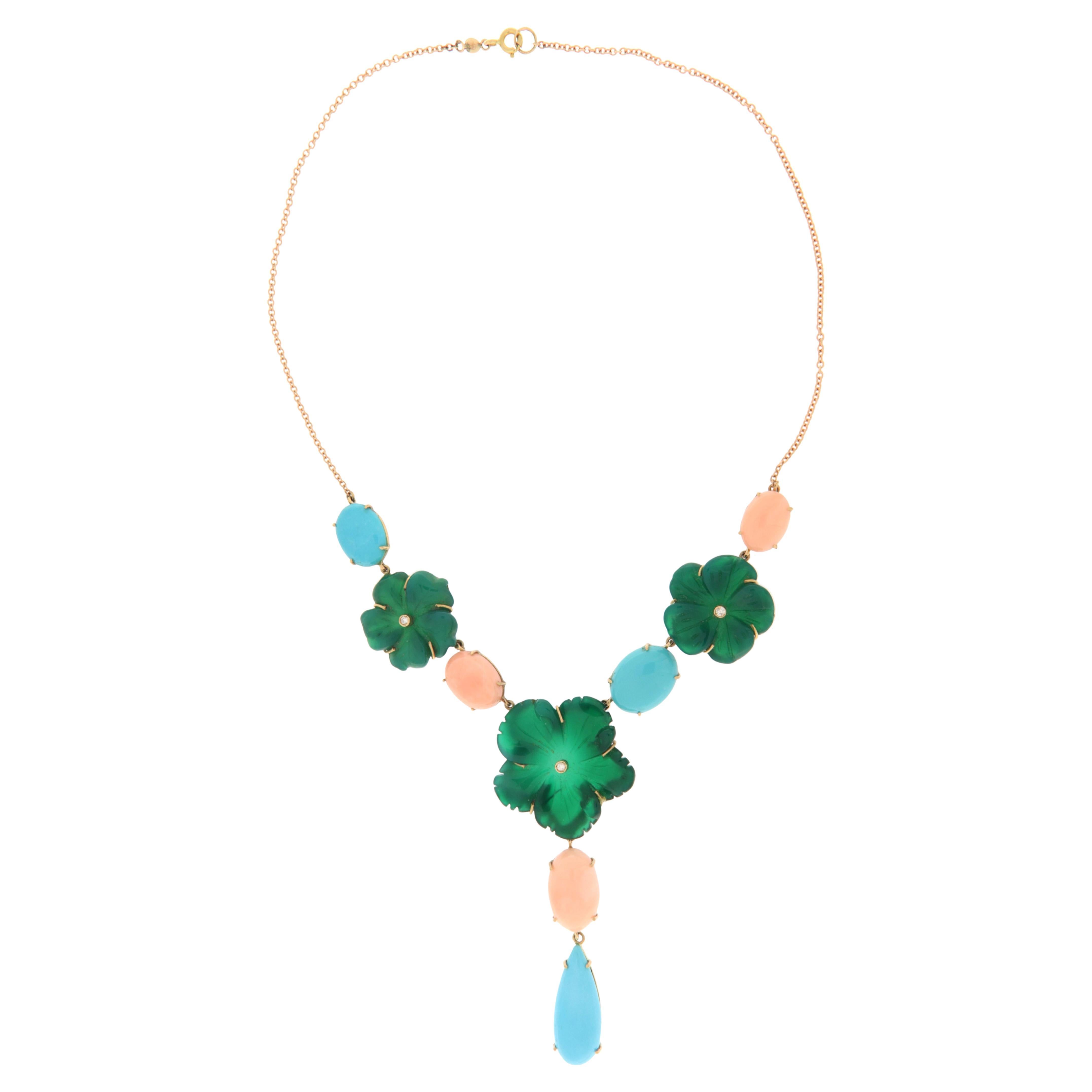 Coral Agate Turquoise Diamonds 14 Karat Yellow Gold Pendant Necklace