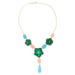 Coral Agate Turquoise Diamonds 14 Karat Yellow Gold Pendant Necklace