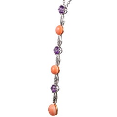 Coral, Amethyst and Diamond Lariat Drop Necklace