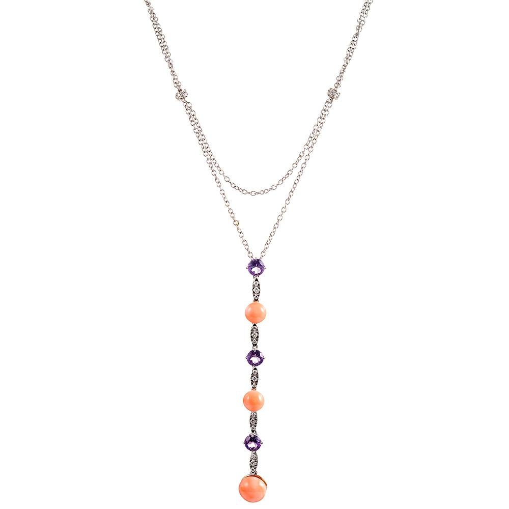 Coral, Amethyst and Diamond Lariat Drop Necklace