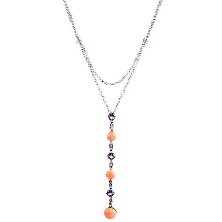 Coral, Amethyst and Diamond Lariat Drop Necklace For Sale (Free