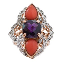Coral, Amethyst, Diamonds, Rose Gold and Silver Ring.