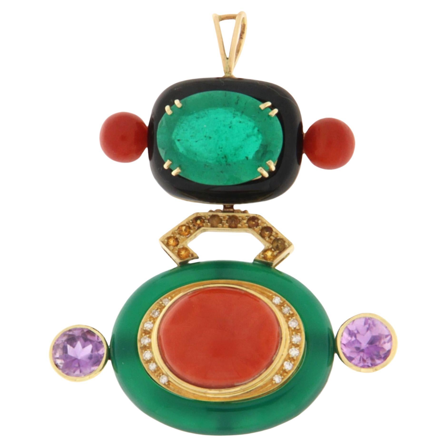 Coral Amethyst Onyx Diamonds Citrine Agate 18 Karat Yellow Gold Pendant Necklace