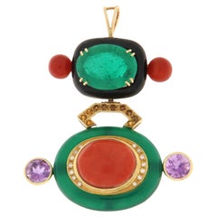 Coral Amethyst Onyx Diamonds Citrine Agate 18 Karat Yellow Gold Pendant Necklace