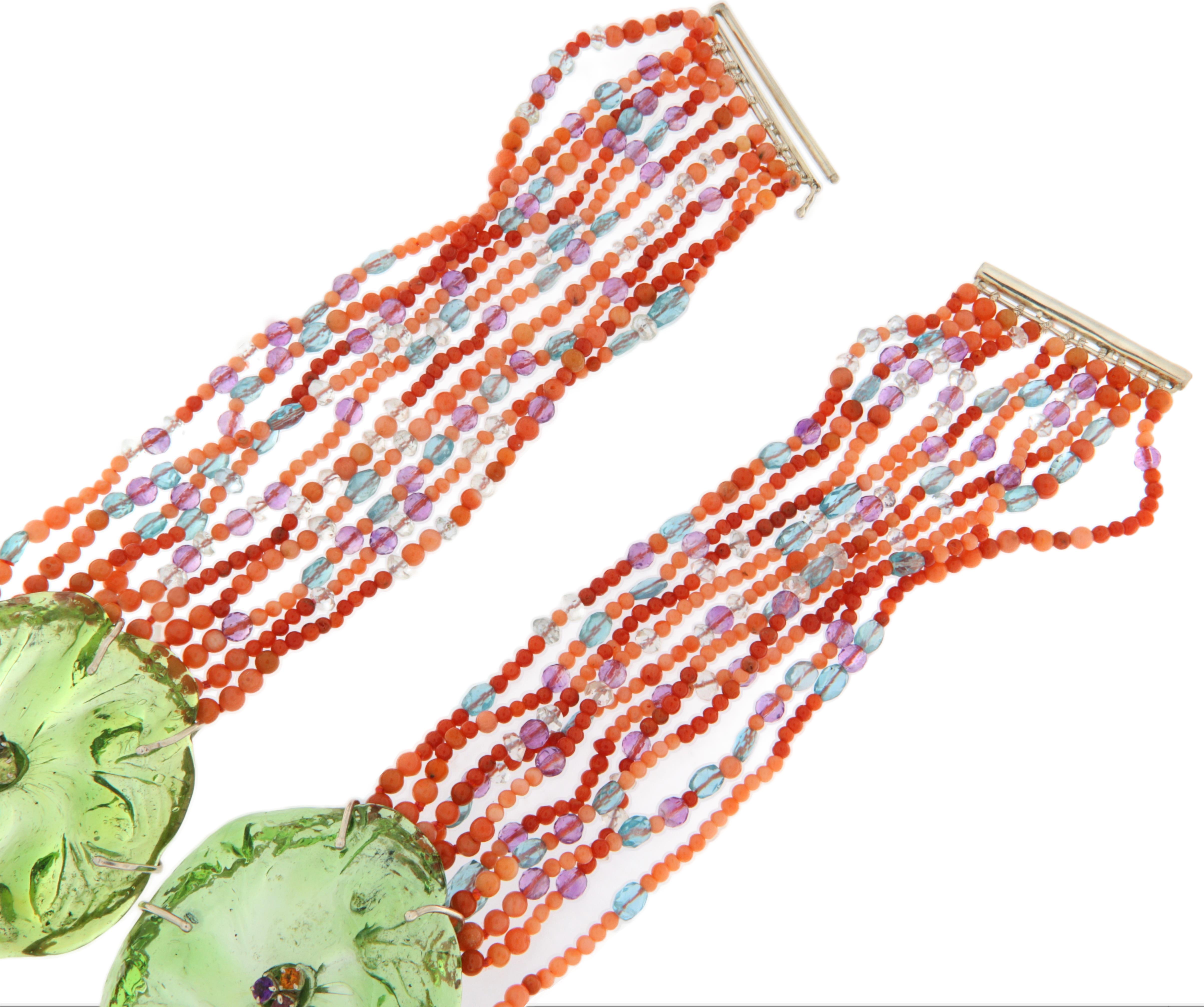 Coral Amatista Rubíes Citrino Aguamarina Murrino Collar gargantilla de plata Artesano en venta