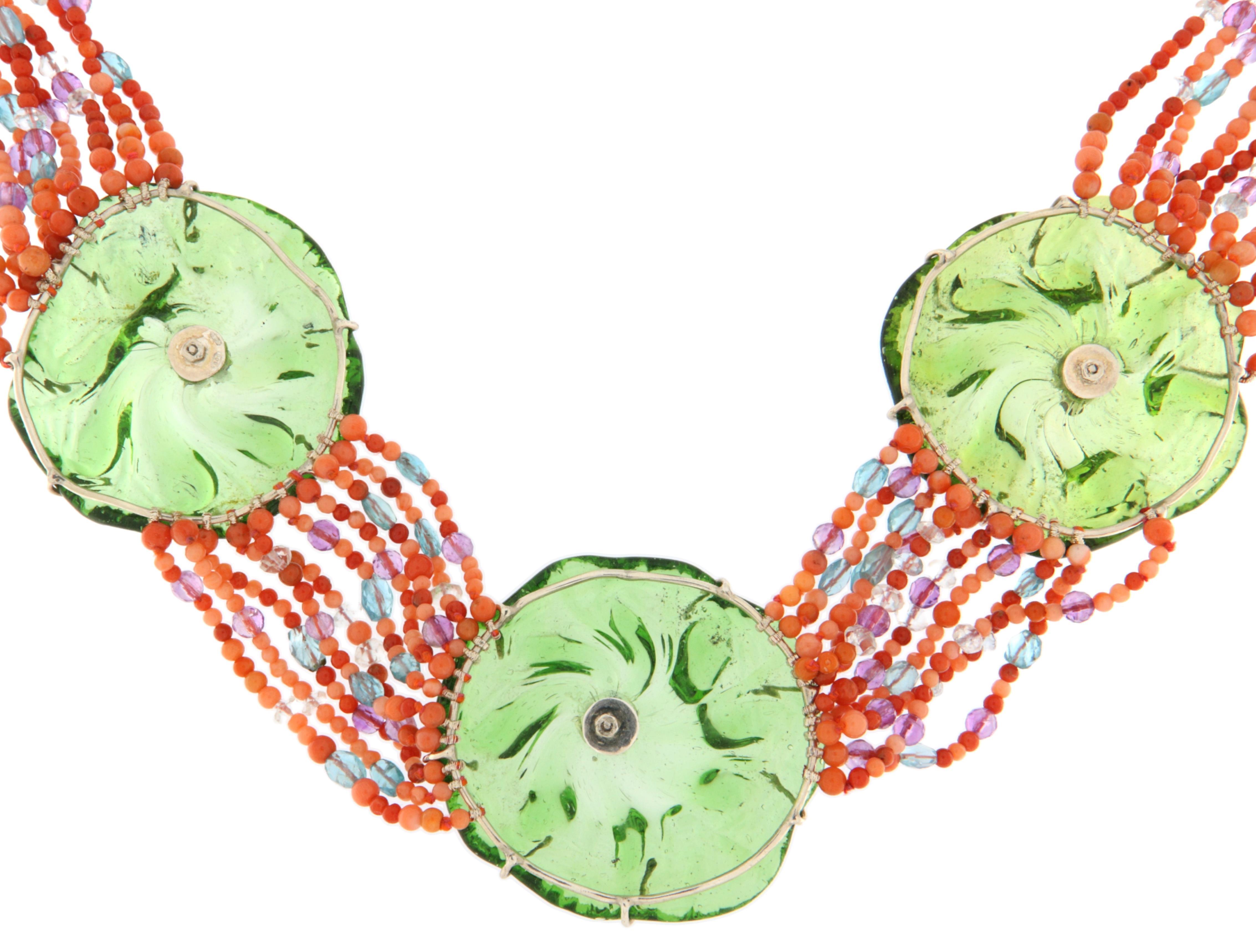 Coral Amatista Rubíes Citrino Aguamarina Murrino Collar gargantilla de plata Sin cortar en venta