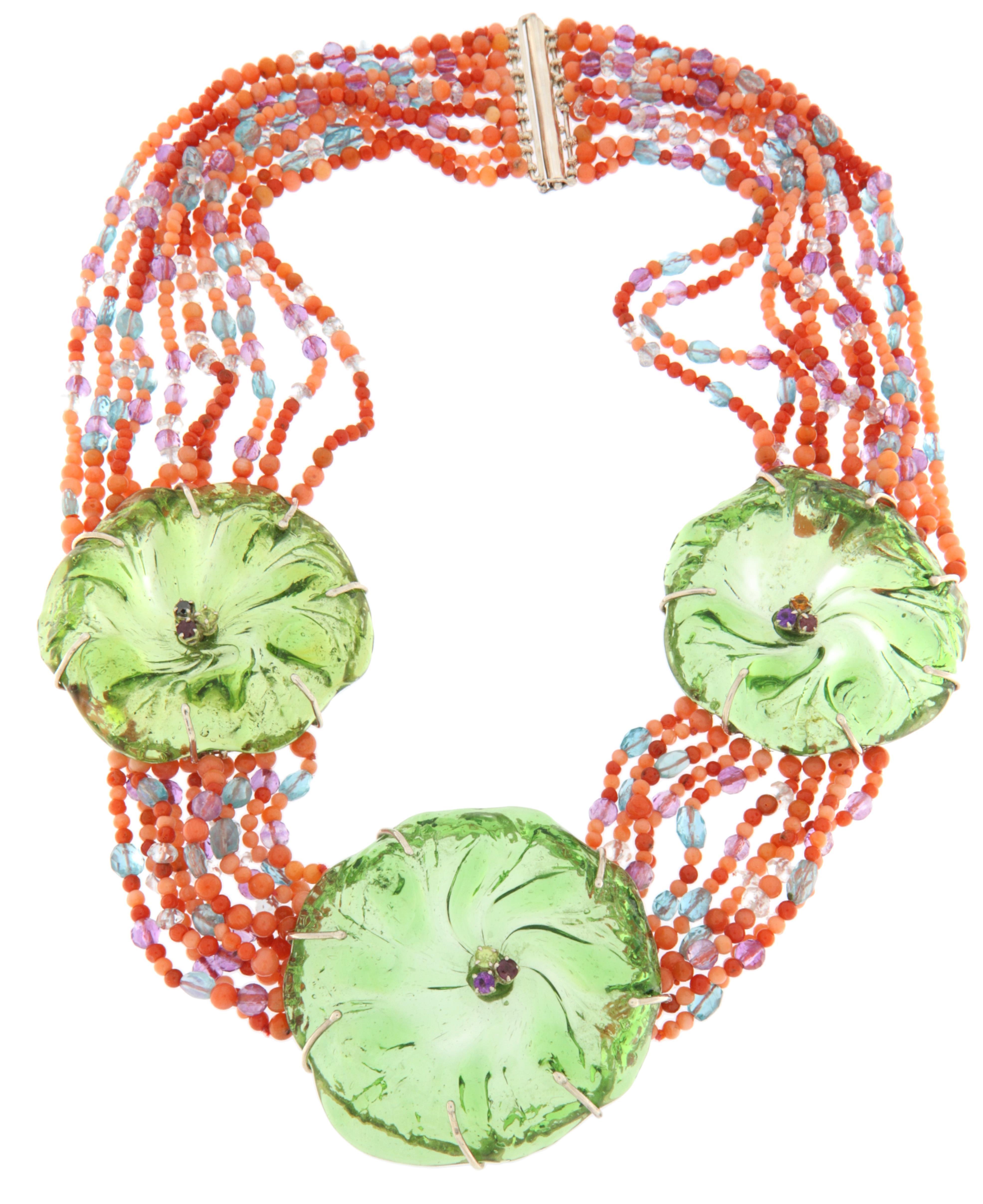 Coral Amatista Rubíes Citrino Aguamarina Murrino Collar gargantilla de plata en Nuevo estado para la venta en Marcianise, IT