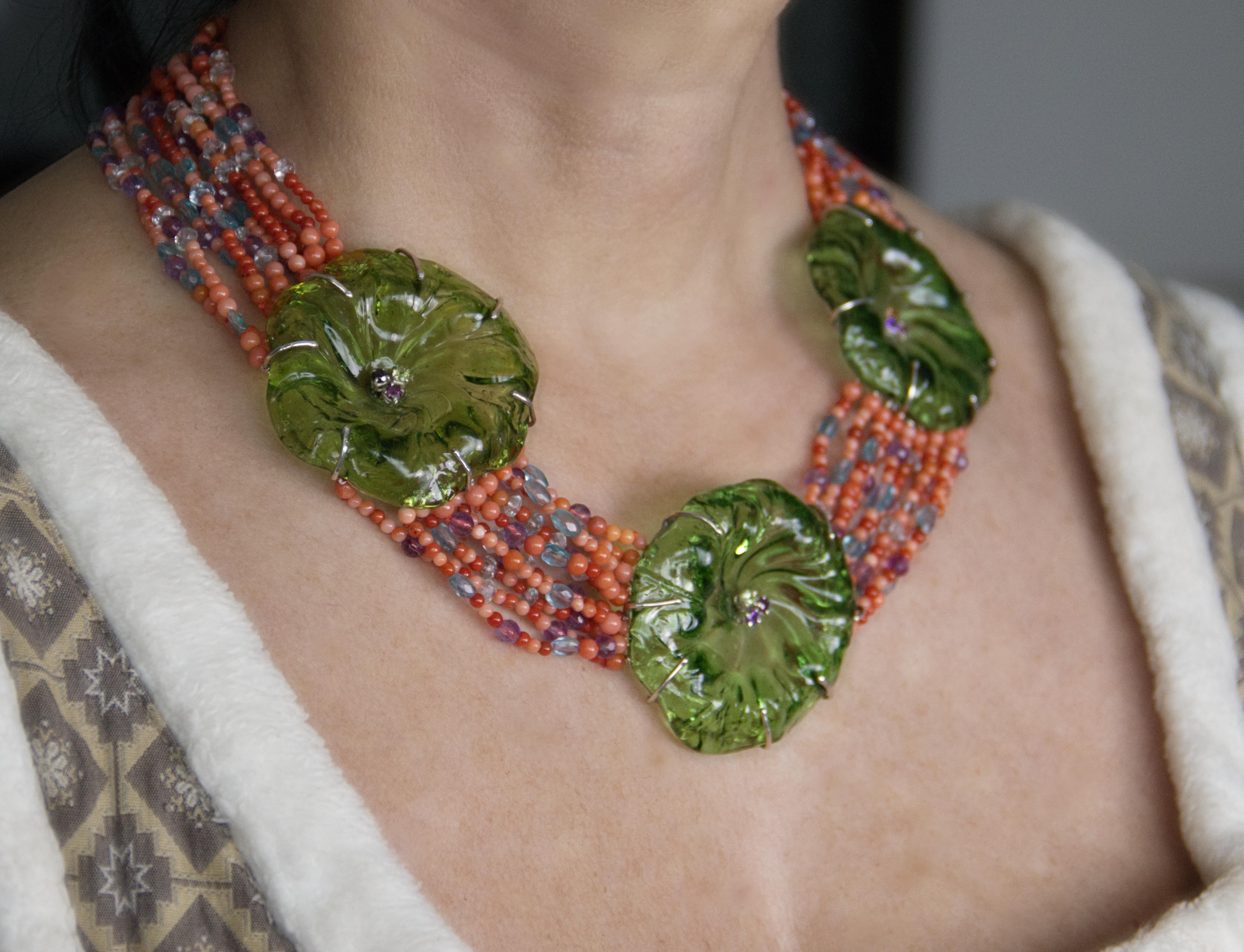 Coral Amatista Rubíes Citrino Aguamarina Murrino Collar gargantilla de plata en venta 1