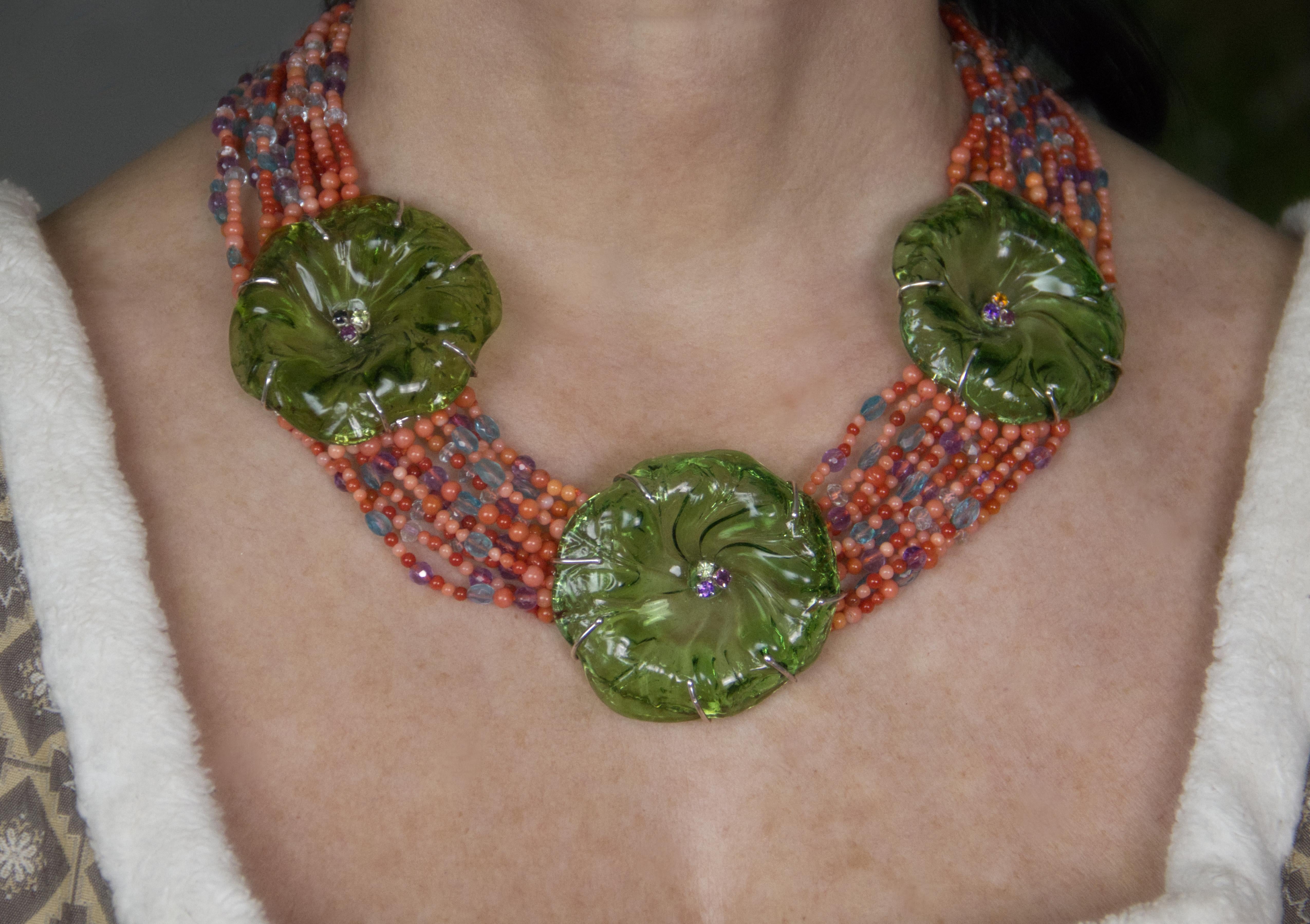 Coral Amatista Rubíes Citrino Aguamarina Murrino Collar gargantilla de plata en venta 2