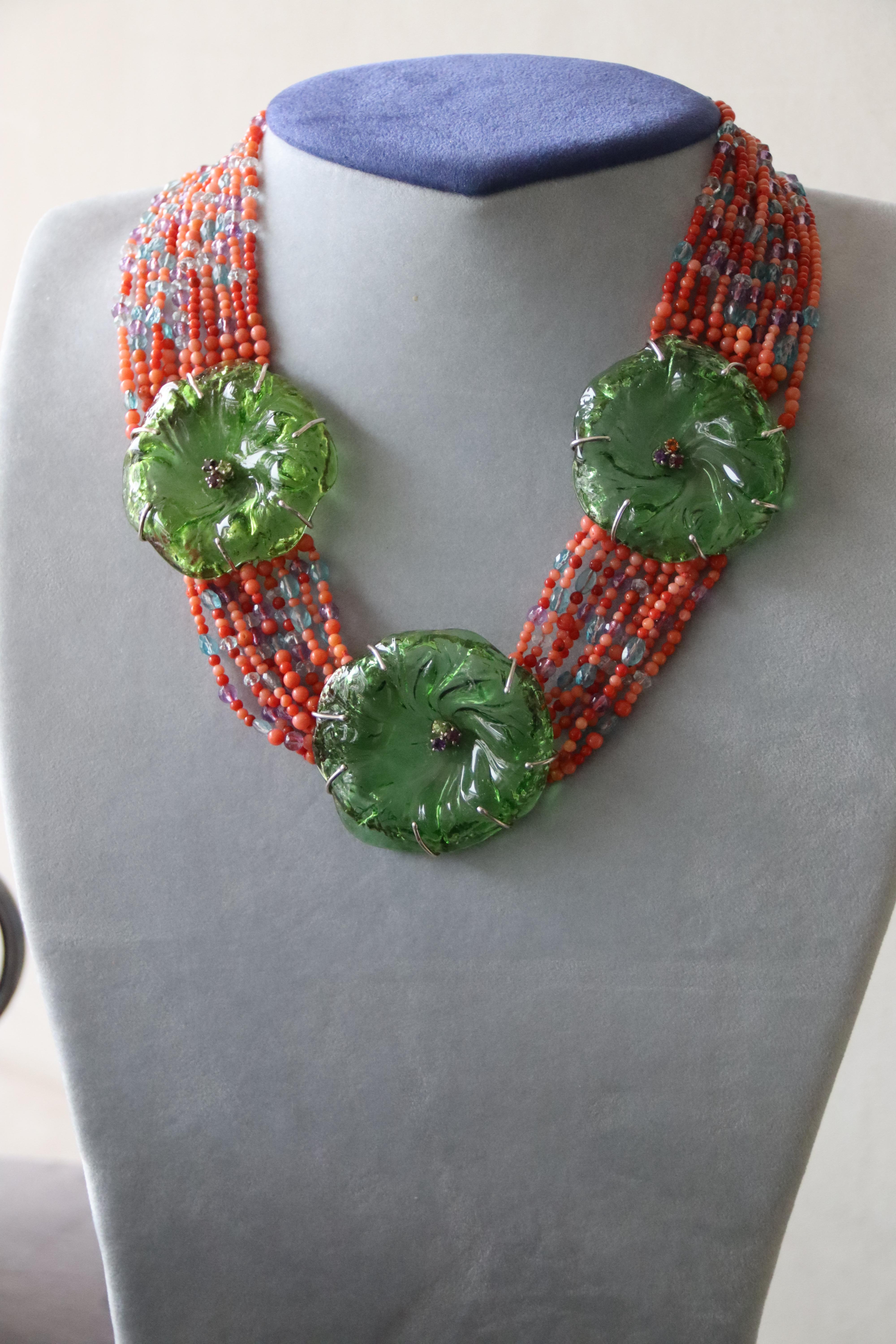 Coral Amatista Rubíes Citrino Aguamarina Murrino Collar gargantilla de plata en venta 3