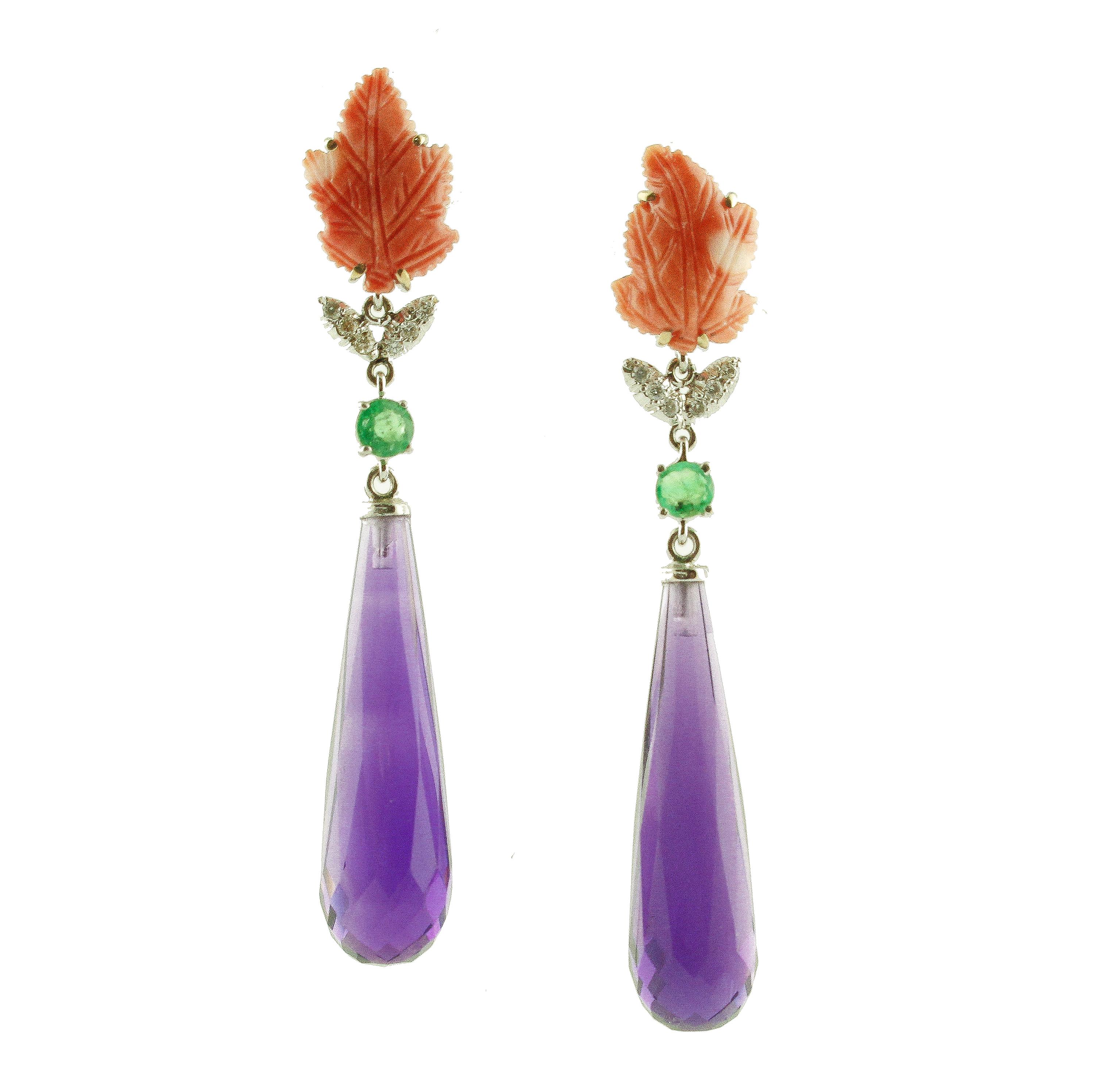 Red Coral Leaves, Amethyst Drops, Emeralds, Diamonds, White Gold Drop Earrings