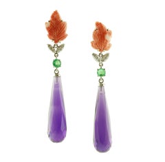 Red Coral Leaves, Amethyst Drops,Emeralds,Diamonds, White Gold Drop Earrings