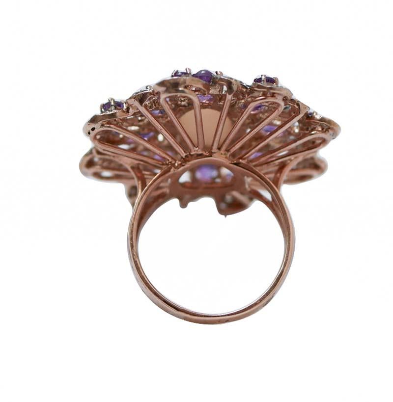 Retro Coral, Amethysts, Diamonds, Rose Gold and Silver Ring. For Sale