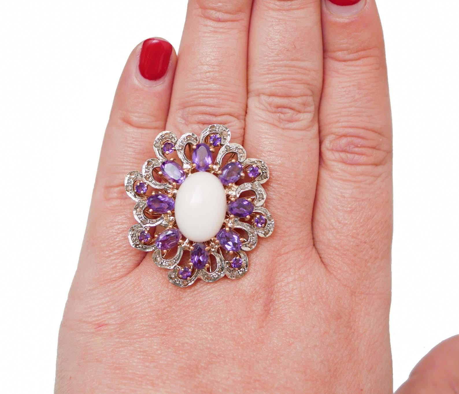 Mixed Cut Coral, Amethysts, Diamonds, Rose Gold and Silver Ring. For Sale