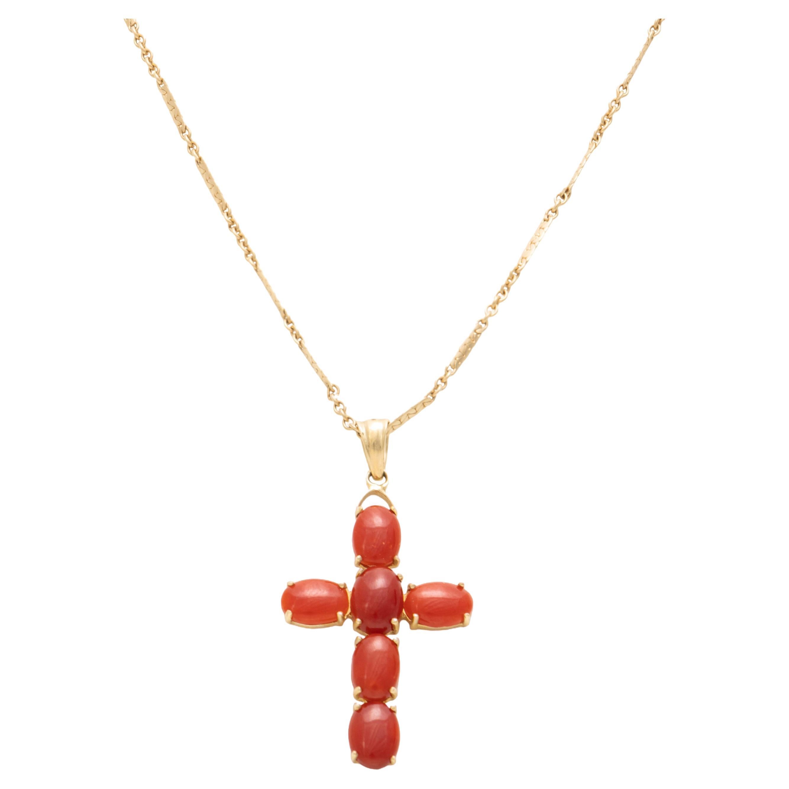 Coral and 14K Gold Cross Pendant