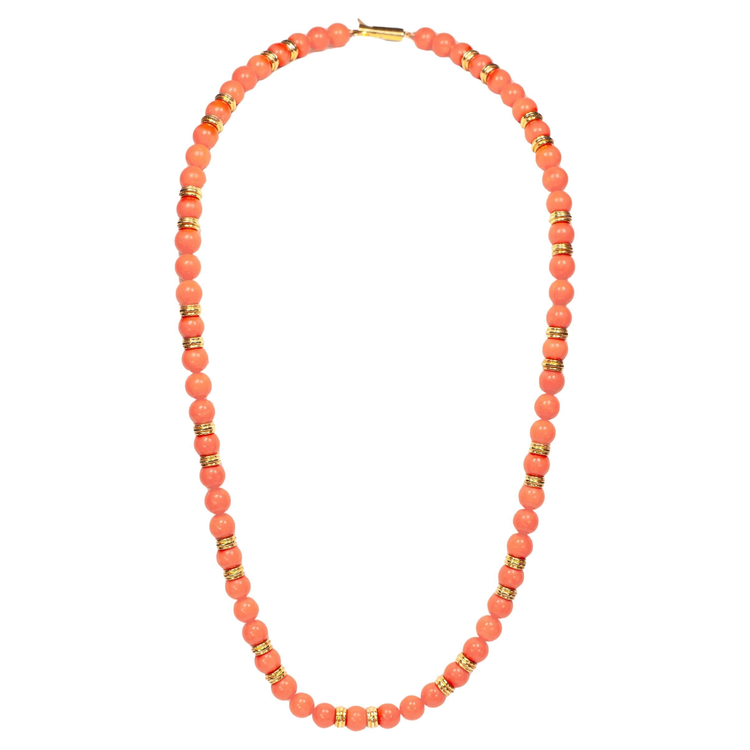 Coral and 18 Carat Yellow Gold Bead Necklace For Sale