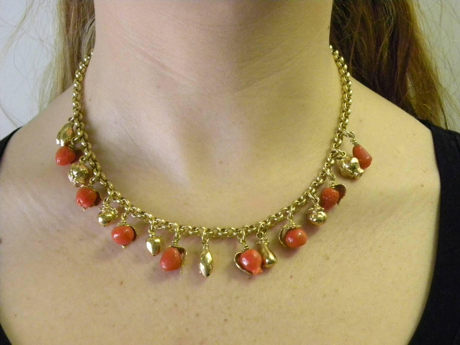 Uncut Coral and 18 Karat Yellow Gold Fruit Necklace For Sale