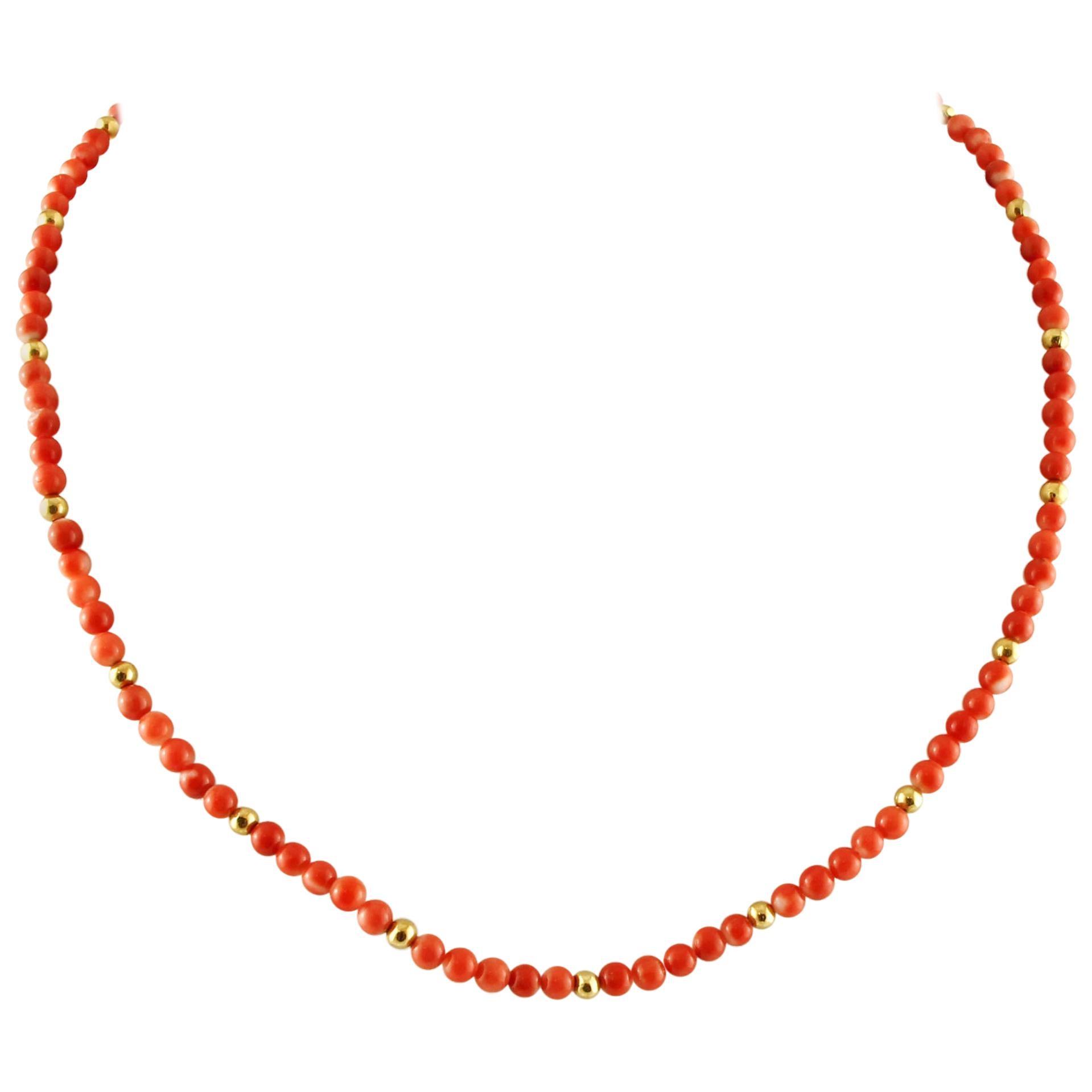 Red Beaded Coral and 18 Karat Yellow Gold Necklace