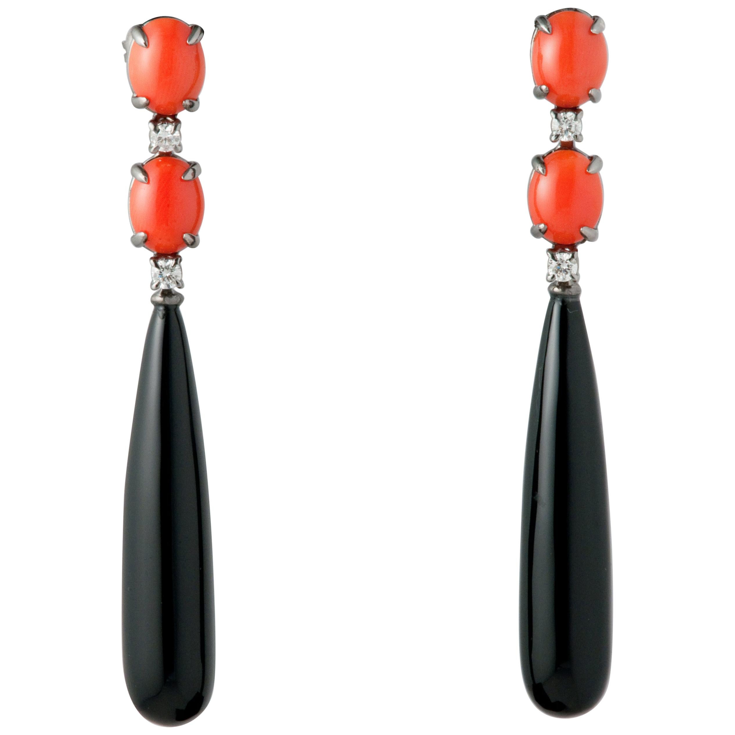 Coral and Agate Black with Diamonds Black Gold Chandelier Earrings at