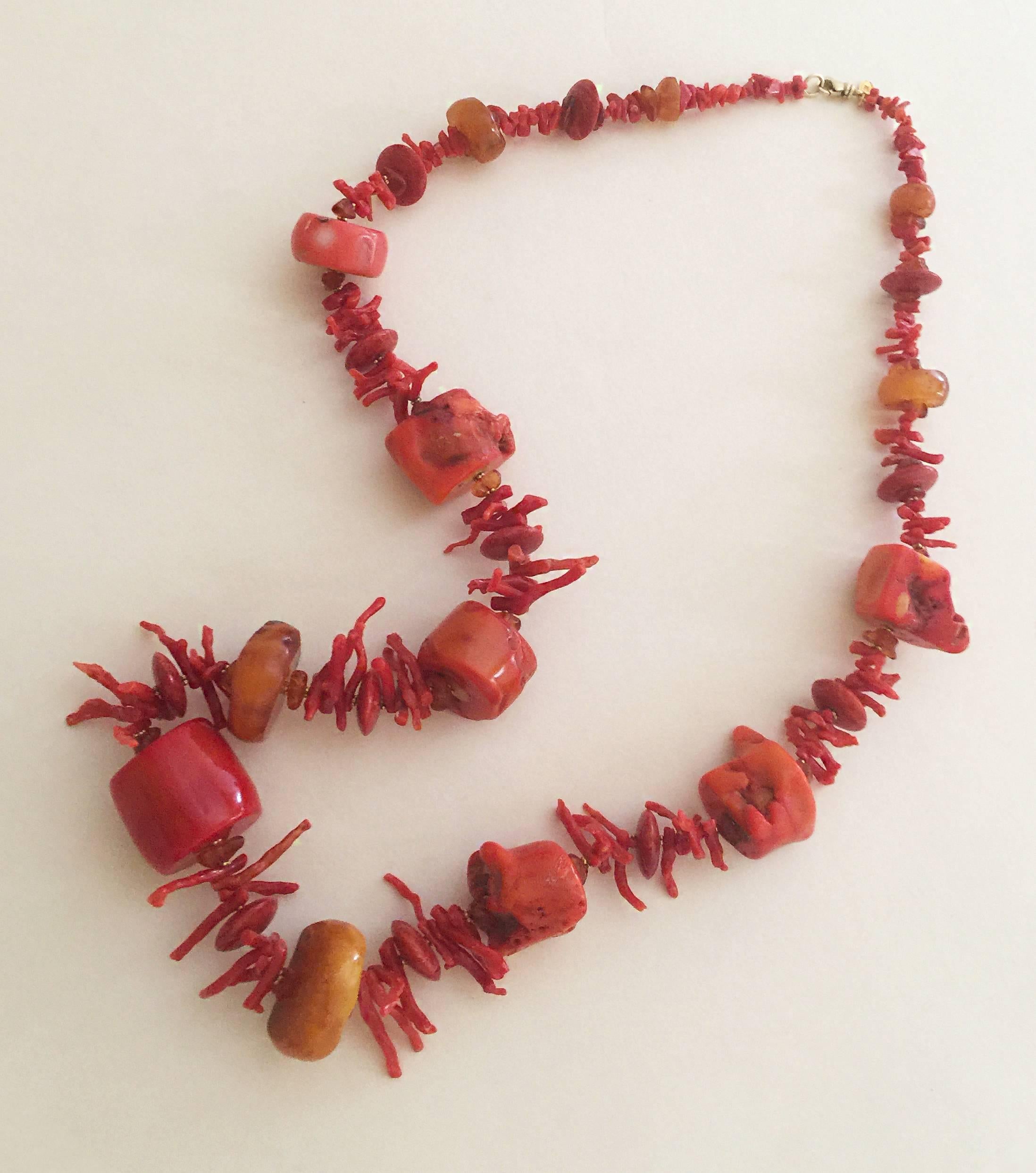Marina J. Red Coral & Amber Beaded Necklace with 14K Yellow Gold Beads & Clasp  In New Condition In Los Angeles, CA