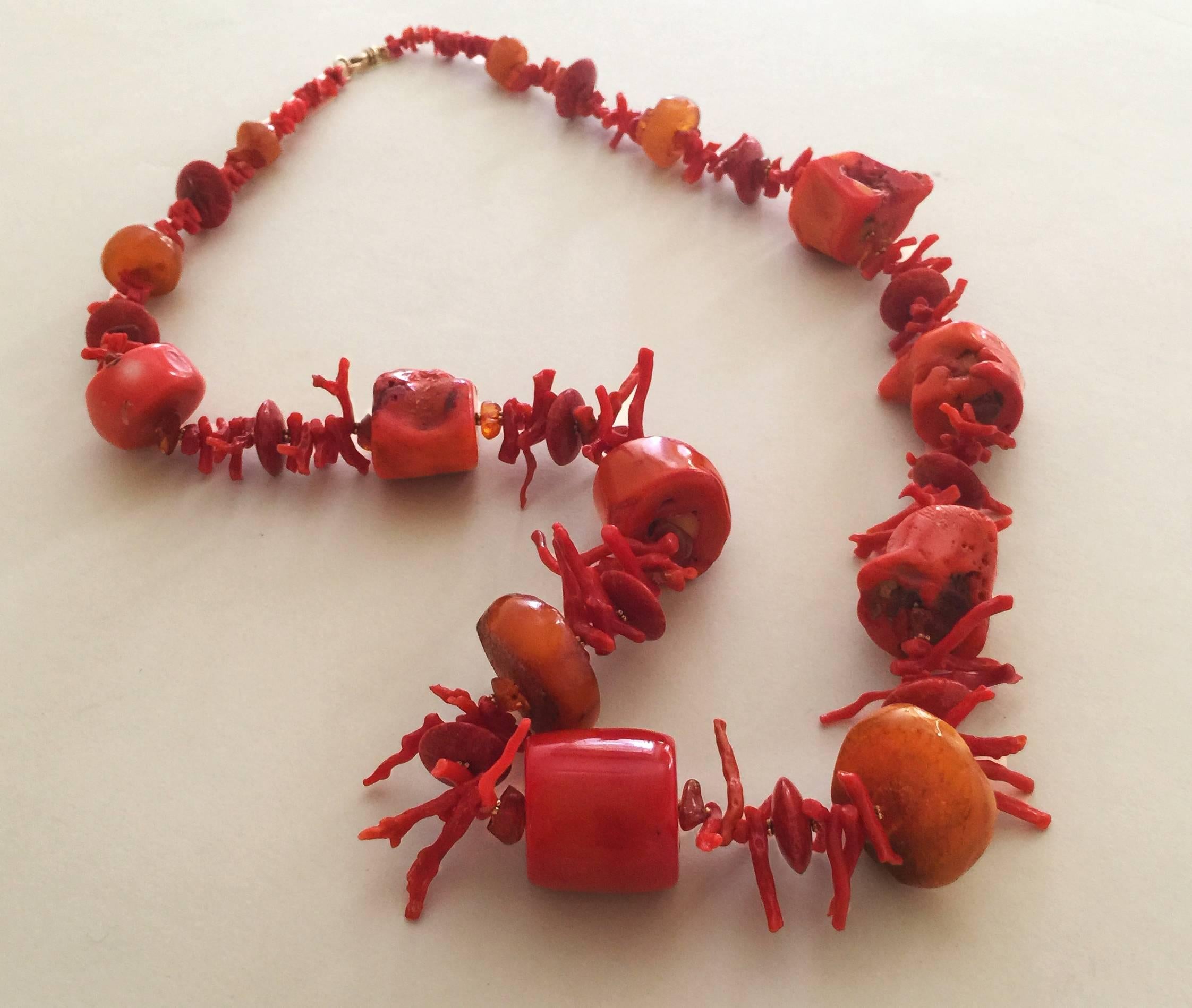 Women's Marina J. Red Coral & Amber Beaded Necklace with 14K Yellow Gold Beads & Clasp 