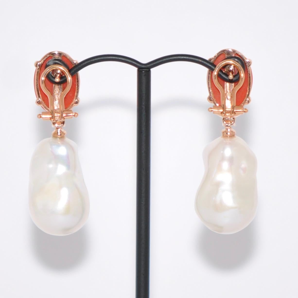 Women's Coral and Baroque Pearls White Diamonds on Rose Gold 18 Chandelier Earrings