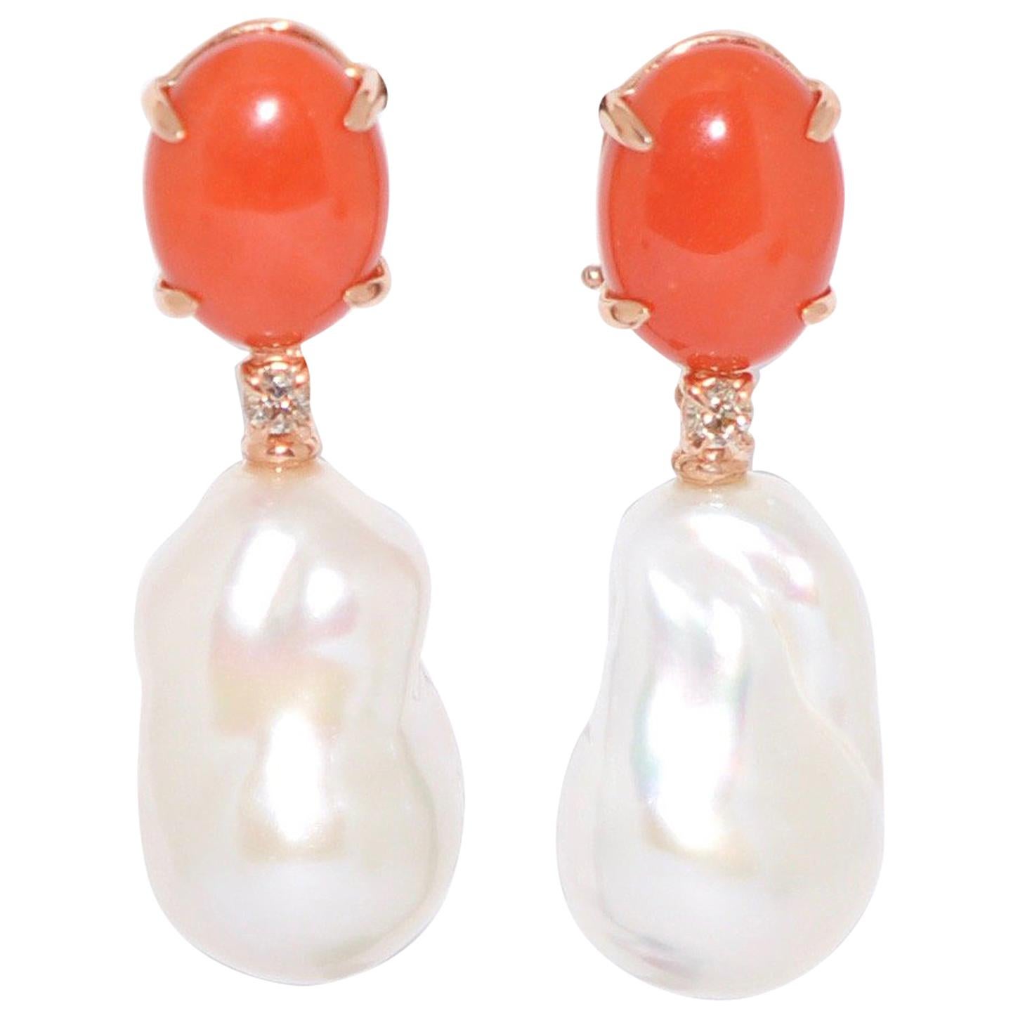 Coral and Baroque Pearls White Diamonds on Rose Gold 18 Chandelier Earrings