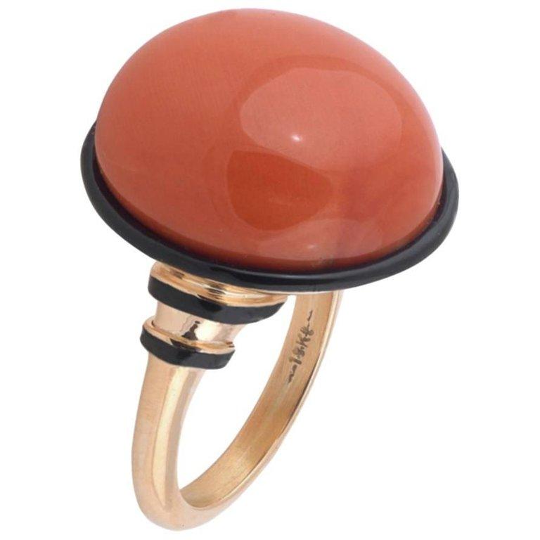 Contemporary Coral and Black Enamel Cluster Ring