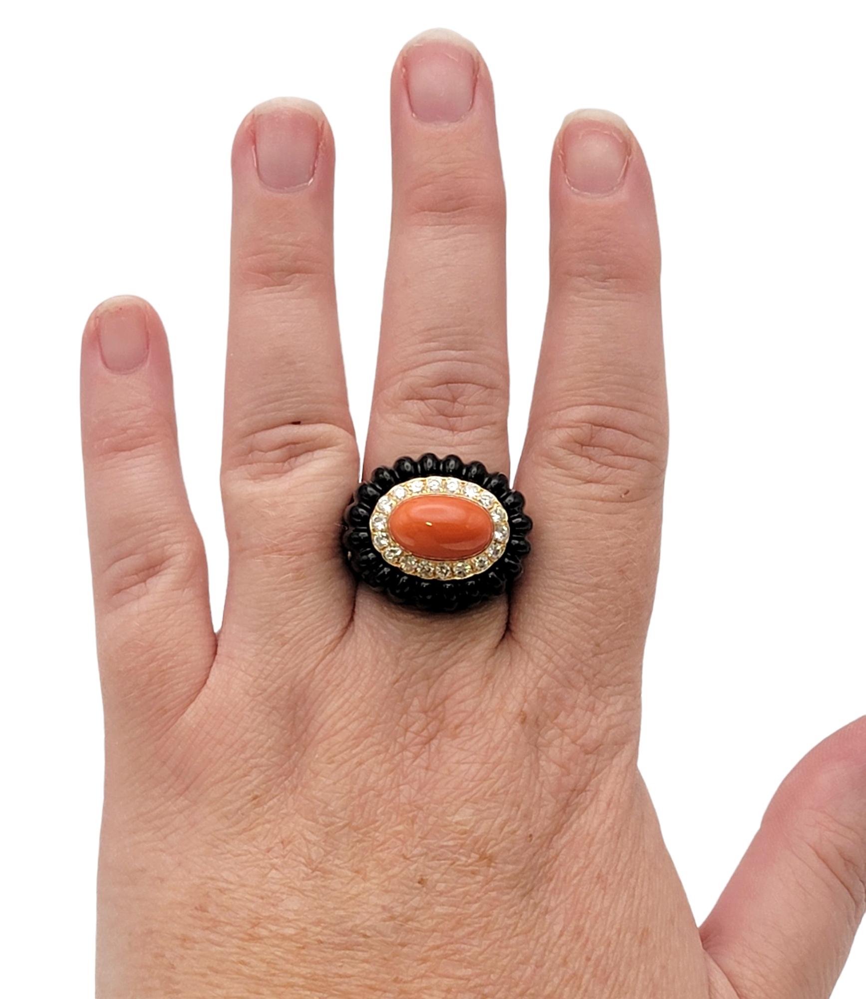 Coral and Black Jade Statement Ring with Diamond Halo in 14 Karat Yellow Gold For Sale 1