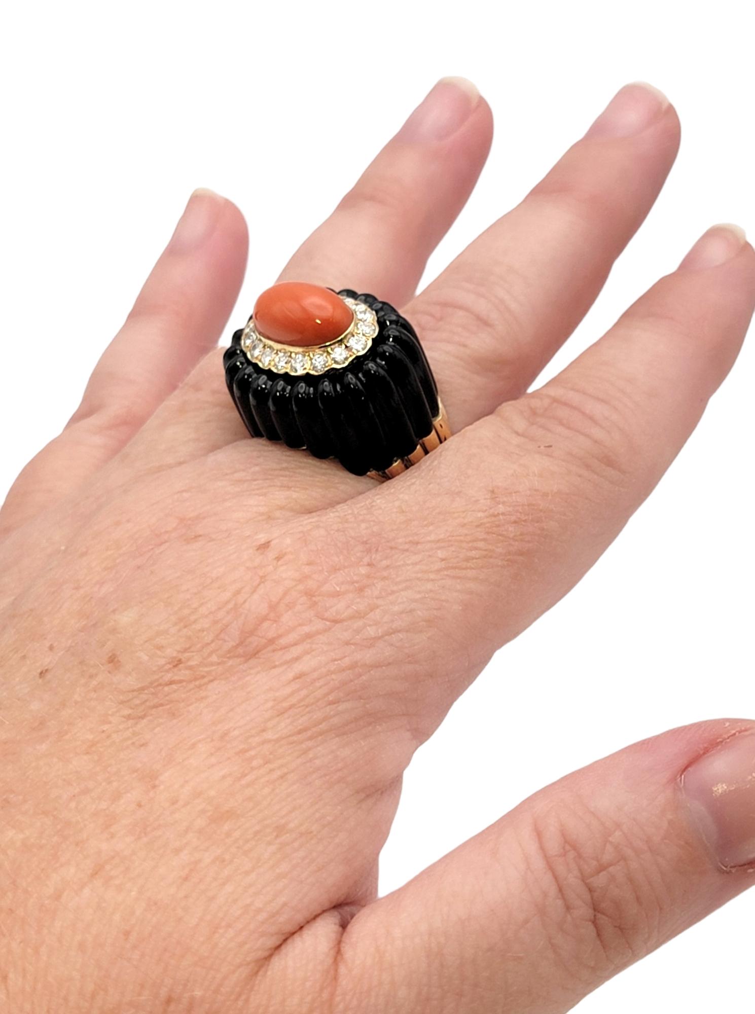 Coral and Black Jade Statement Ring with Diamond Halo in 14 Karat Yellow Gold For Sale 2