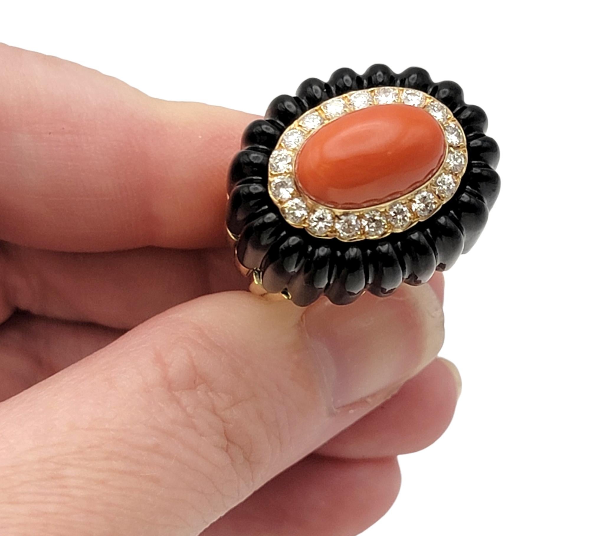 Coral and Black Jade Statement Ring with Diamond Halo in 14 Karat Yellow Gold For Sale 3