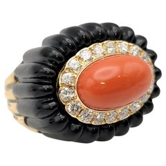 Coral and Black Jade East West Cocktail Ring with Diamonds 14 Karat Yellow Gold
