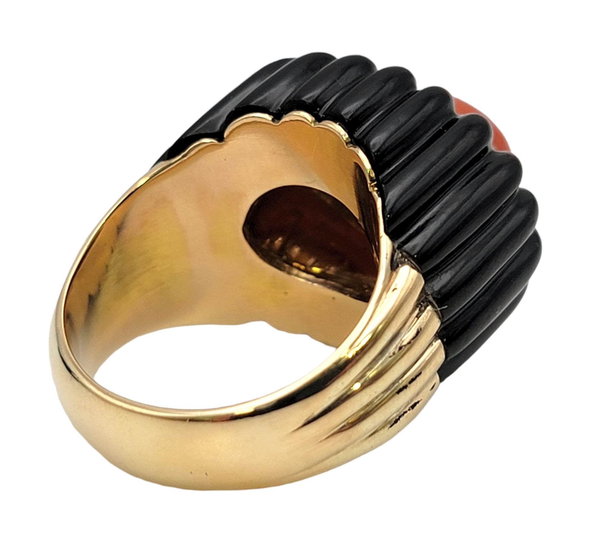 Contemporary Coral and Black Jade Statement Ring with Diamond Halo in 14 Karat Yellow Gold For Sale
