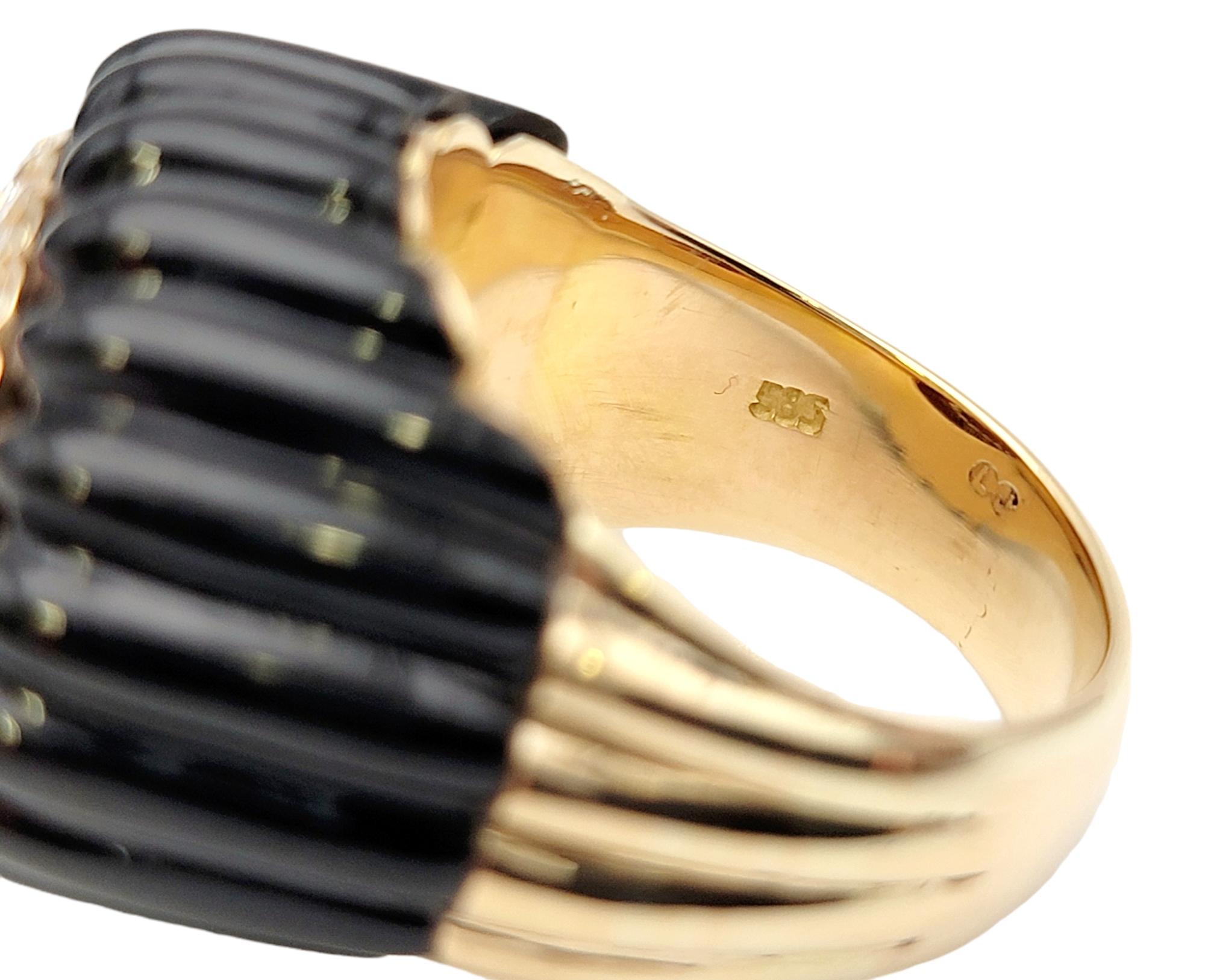 Oval Cut Coral and Black Jade Statement Ring with Diamond Halo in 14 Karat Yellow Gold For Sale