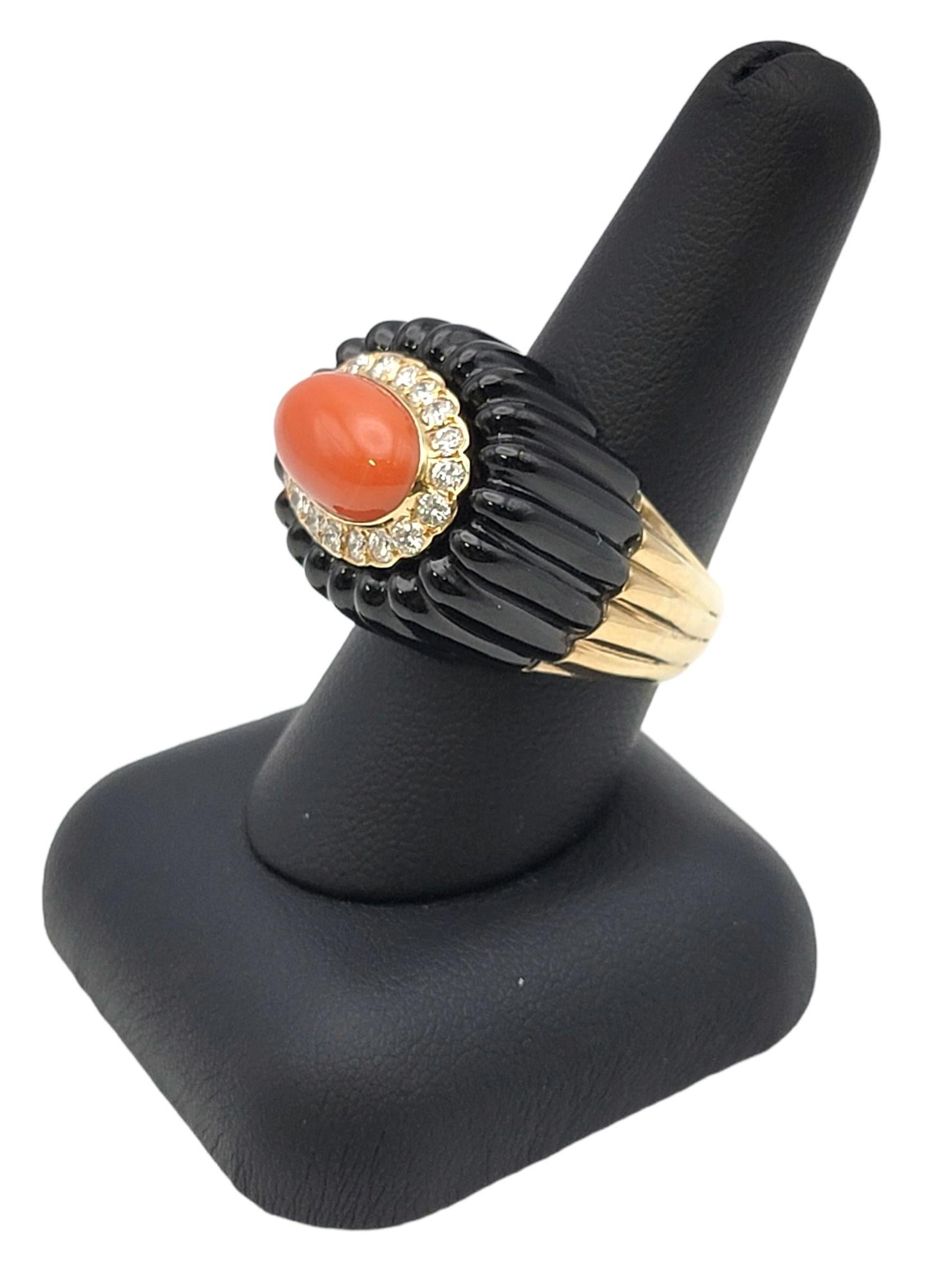Women's Coral and Black Jade Statement Ring with Diamond Halo in 14 Karat Yellow Gold For Sale